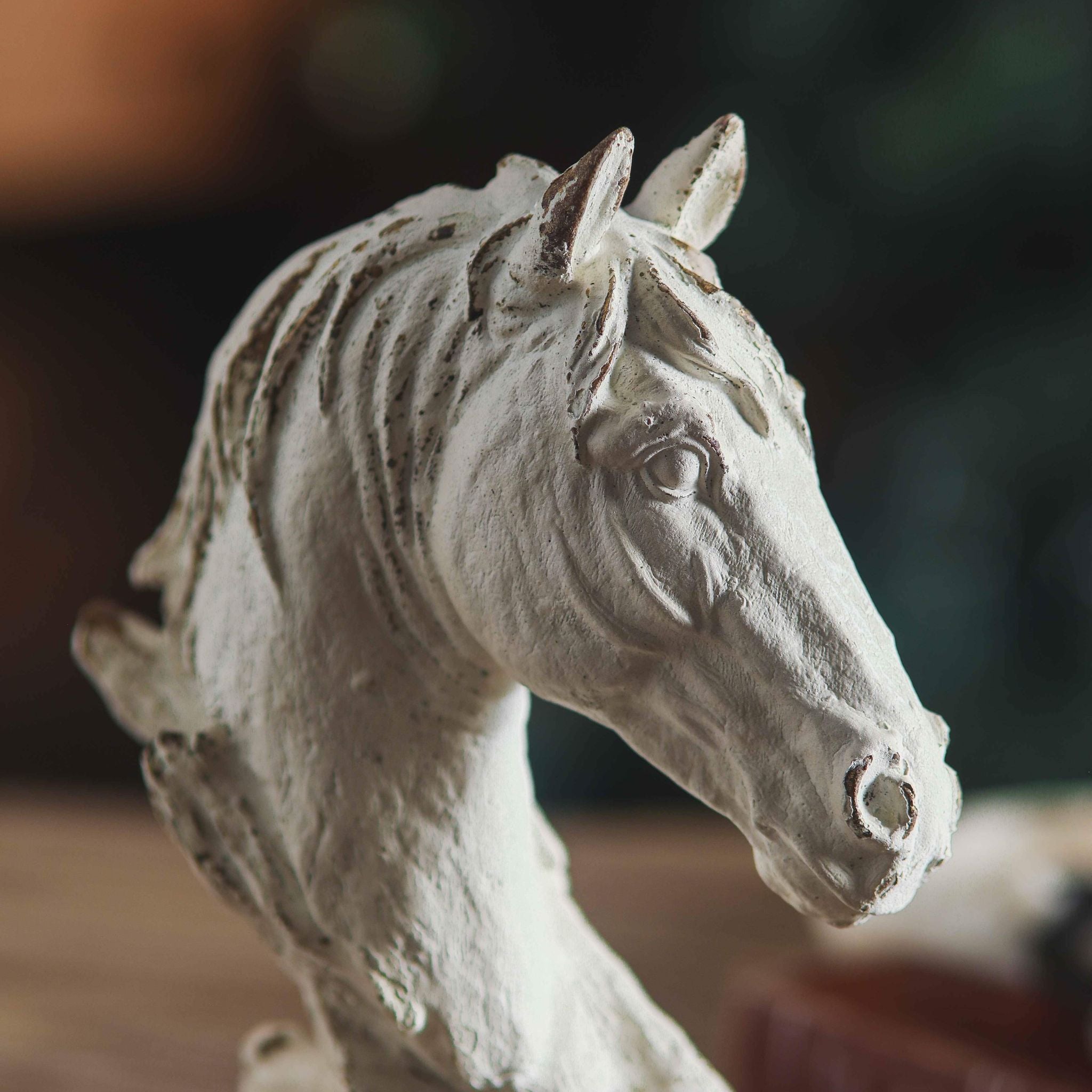 Cosimo distressed white horse bust in profile showing the flying mane and plinth