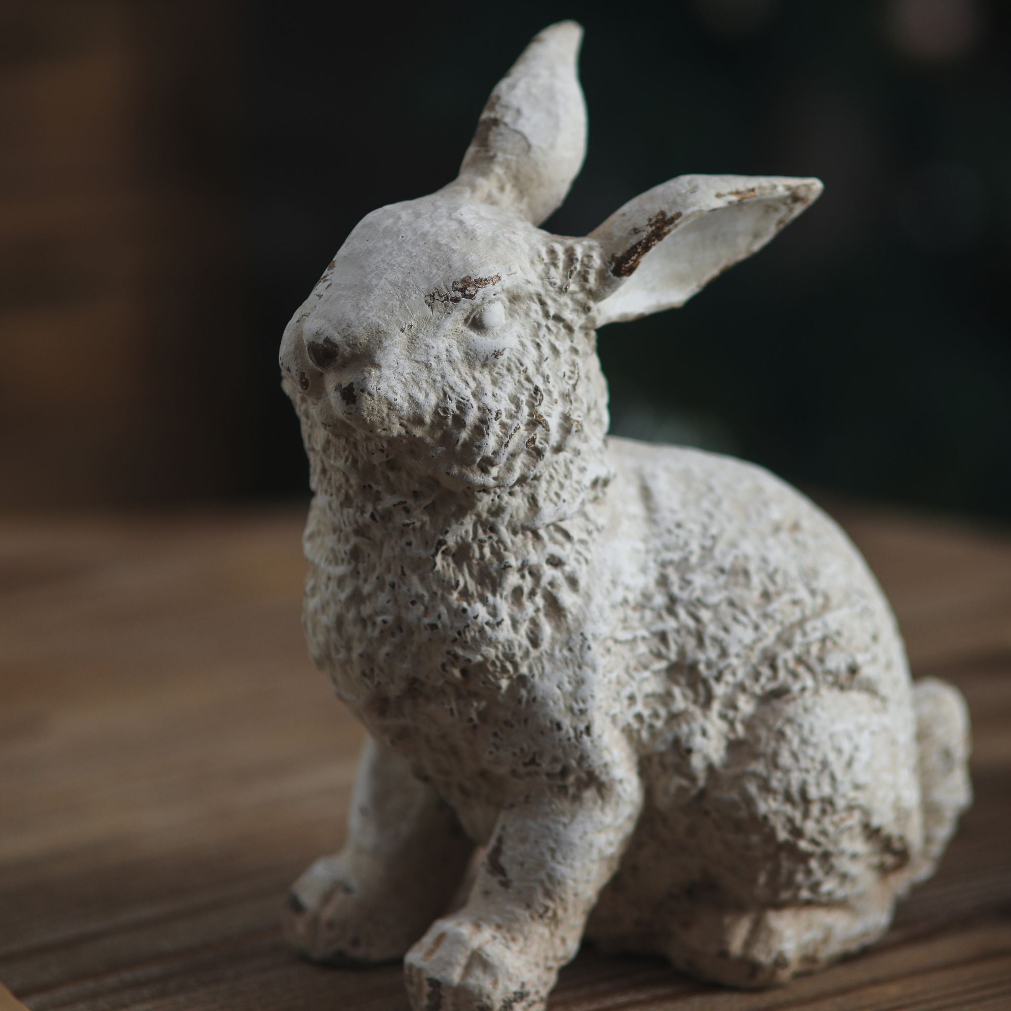 Dante rabbit sculpture face and worn ear detail in aged white
