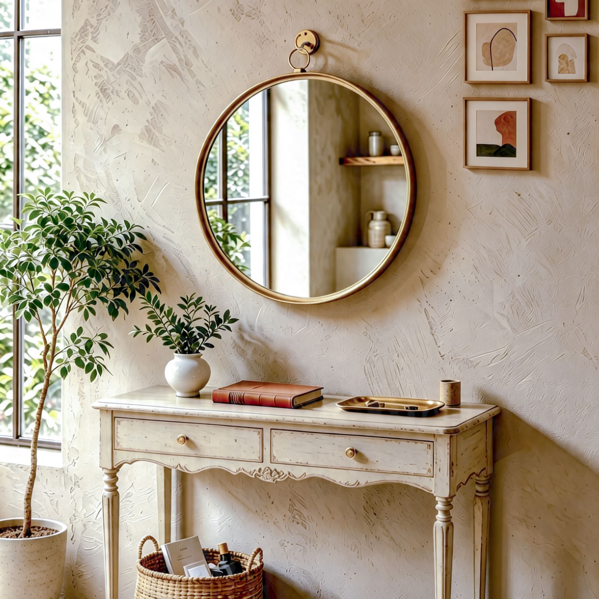 Elvira antique gold round mirror at an angle showing the ring hanger and slim iron frame