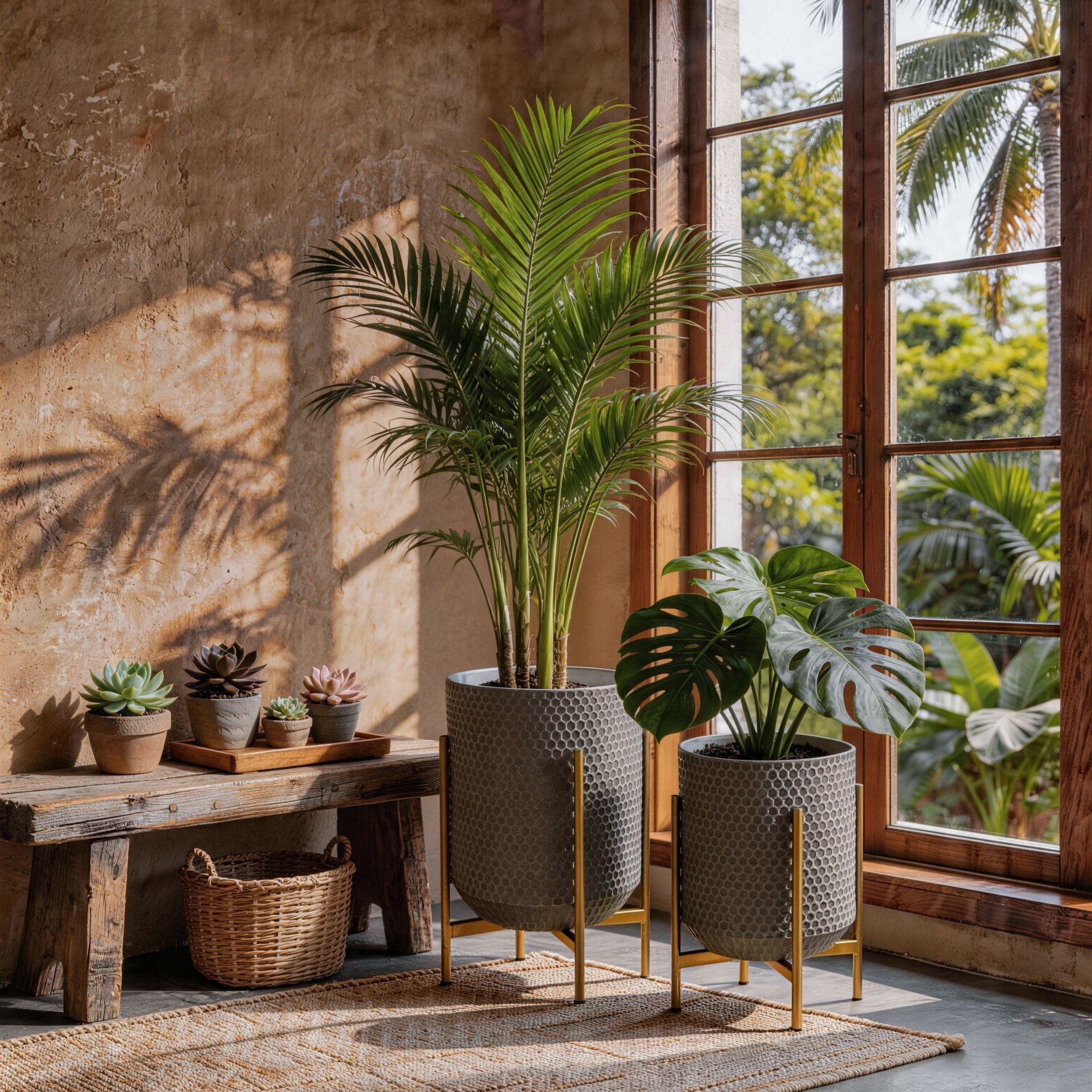 Enzo planter set of 2 in honeycomb embossed metal on gold stands holding a palm and monstera beside a window. Hero.