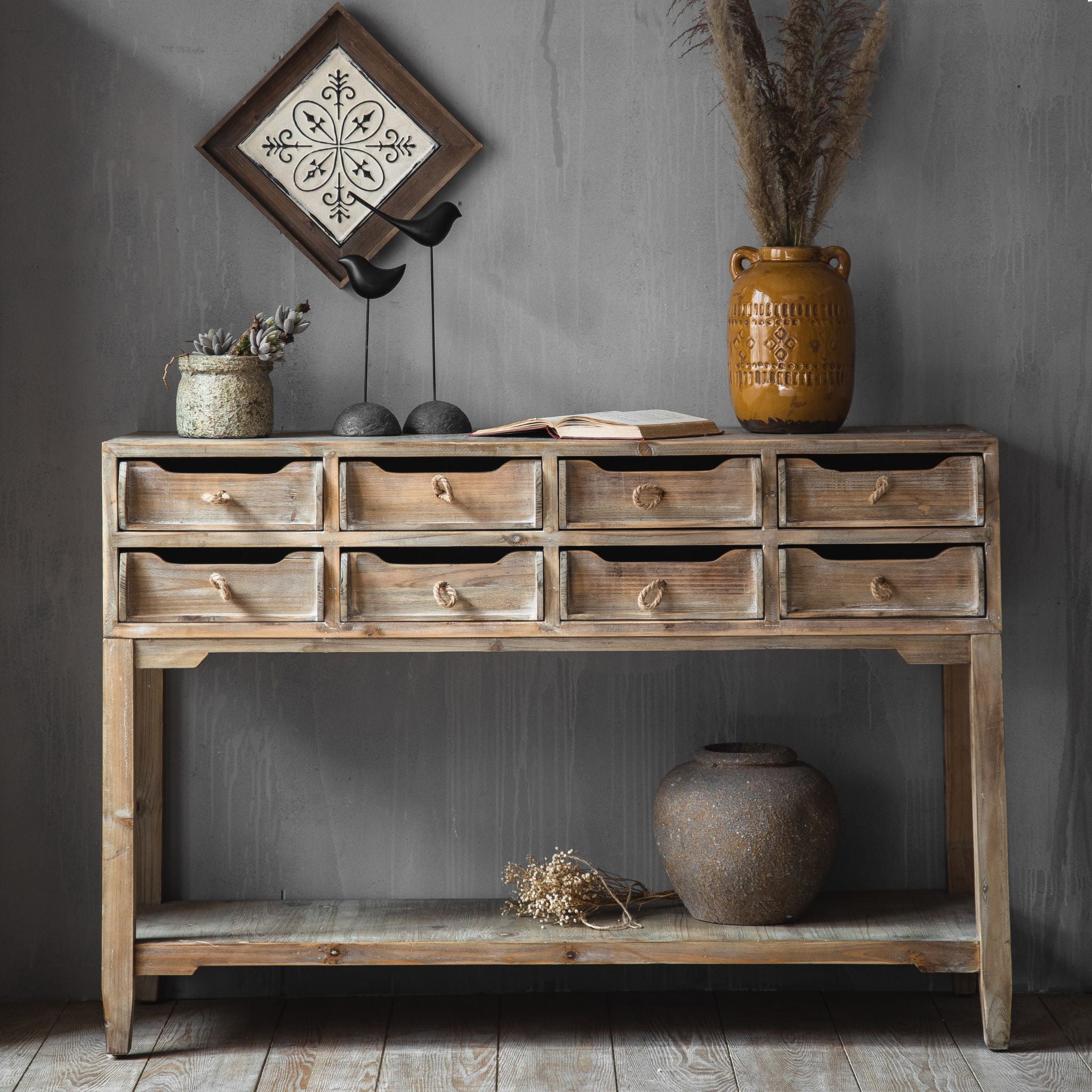 Close view of the Ada console natural fir timber top and rope drawer pulls