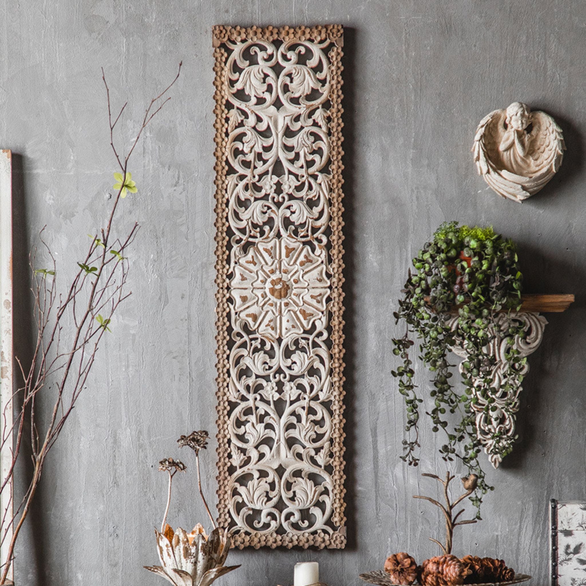 Calla tall carved wall panel in whitewashed timber with acanthus scrolls and star medallion