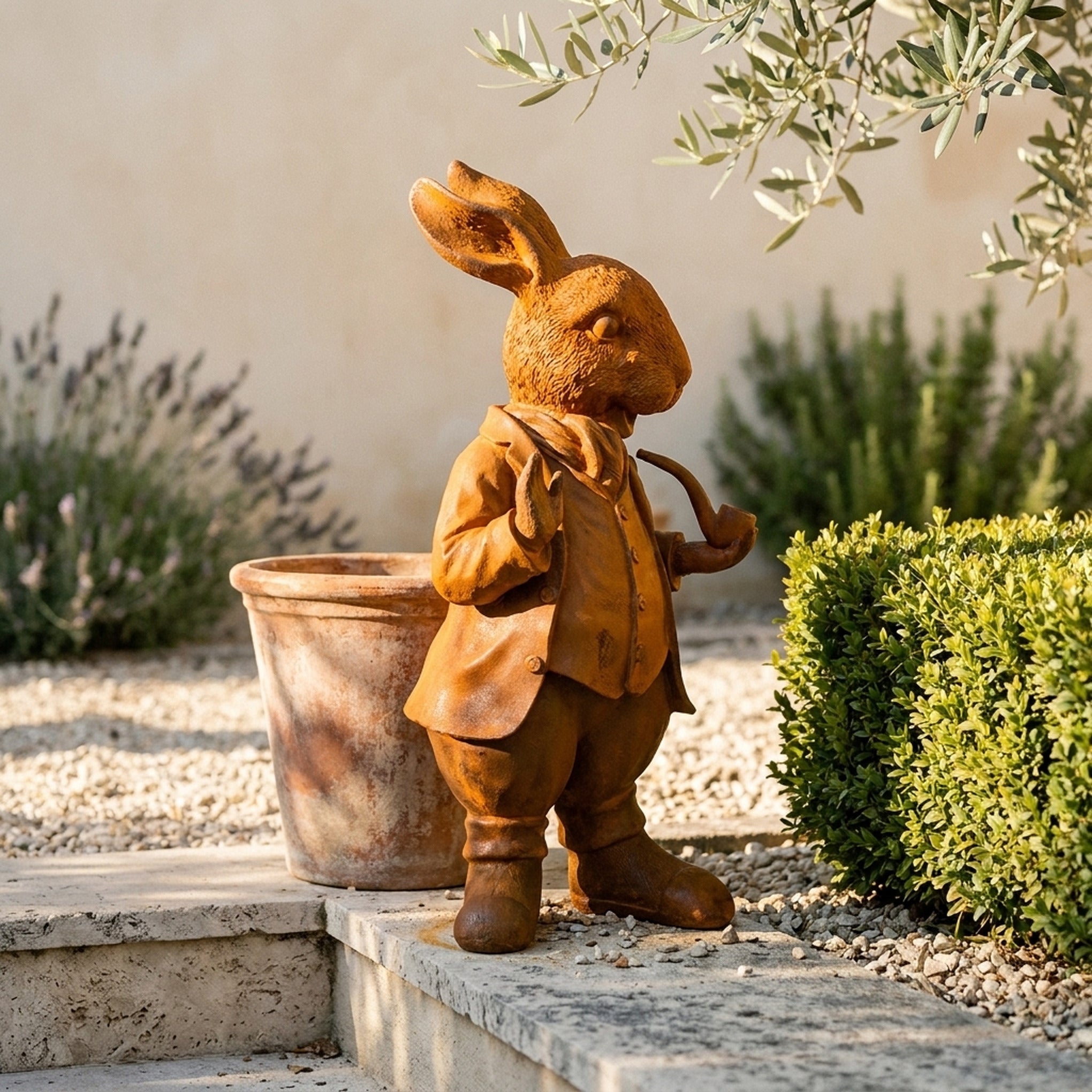 Mayor Cottontail Large rust cast iron rabbit statue in a frock coat holding a pipe, standing on gravel beside a terracotta pot