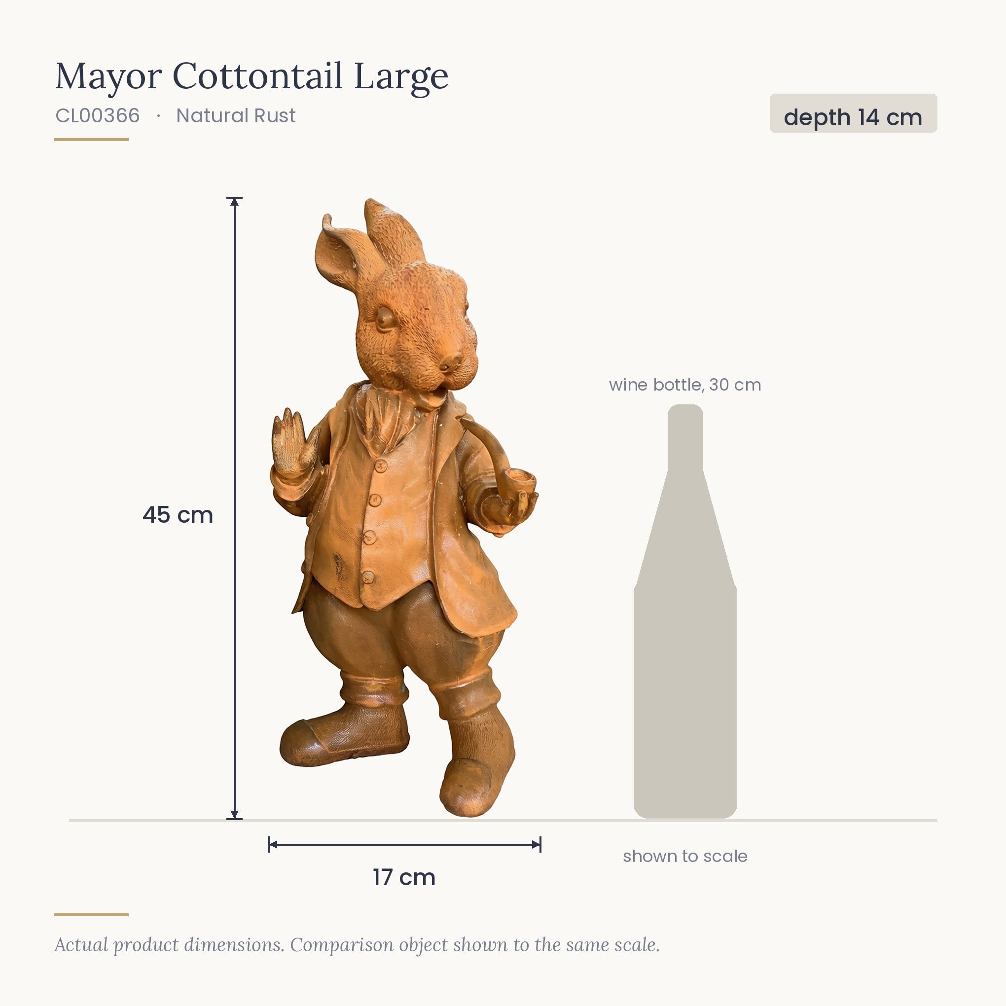 Size diagram for Mayor Cottontail Large, 17 x 14 x 45 cm, shown to scale beside a 30 cm wine bottle