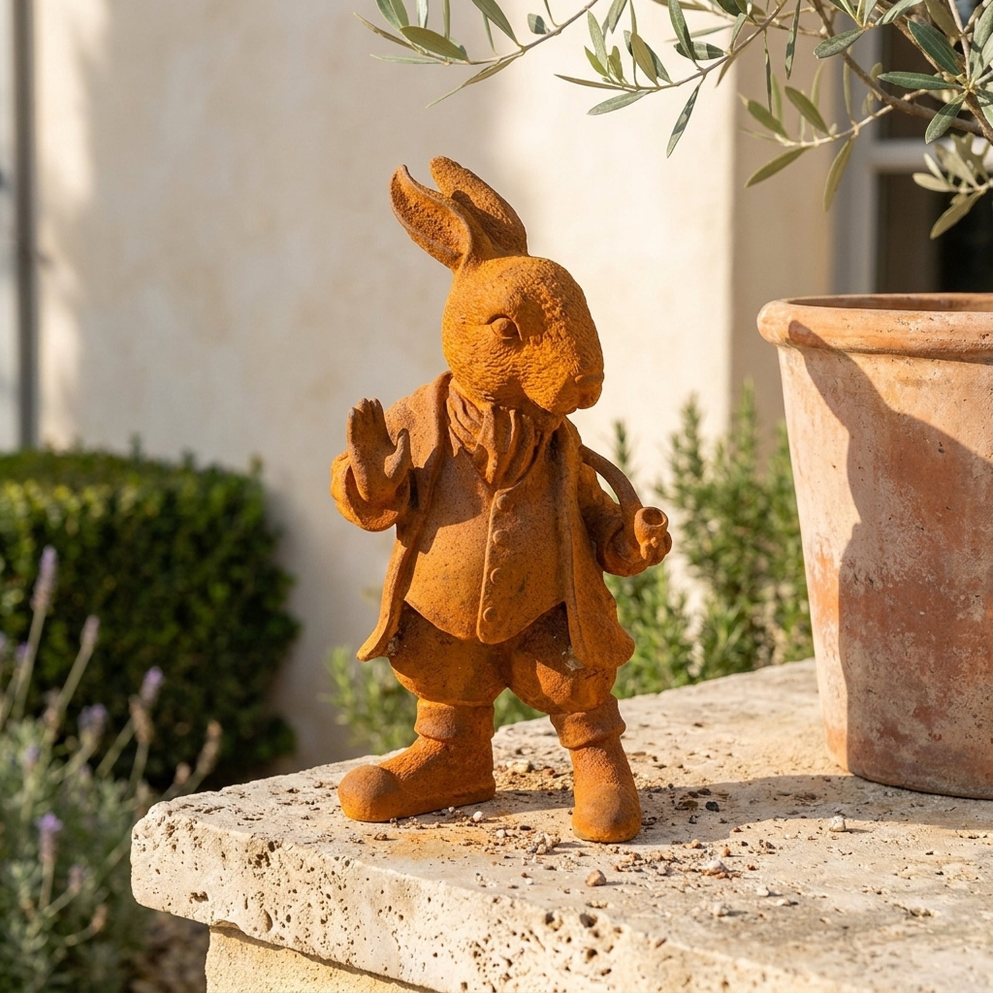 Mayor Cottontail rabbit statue front view showing the waistcoat and cravat
