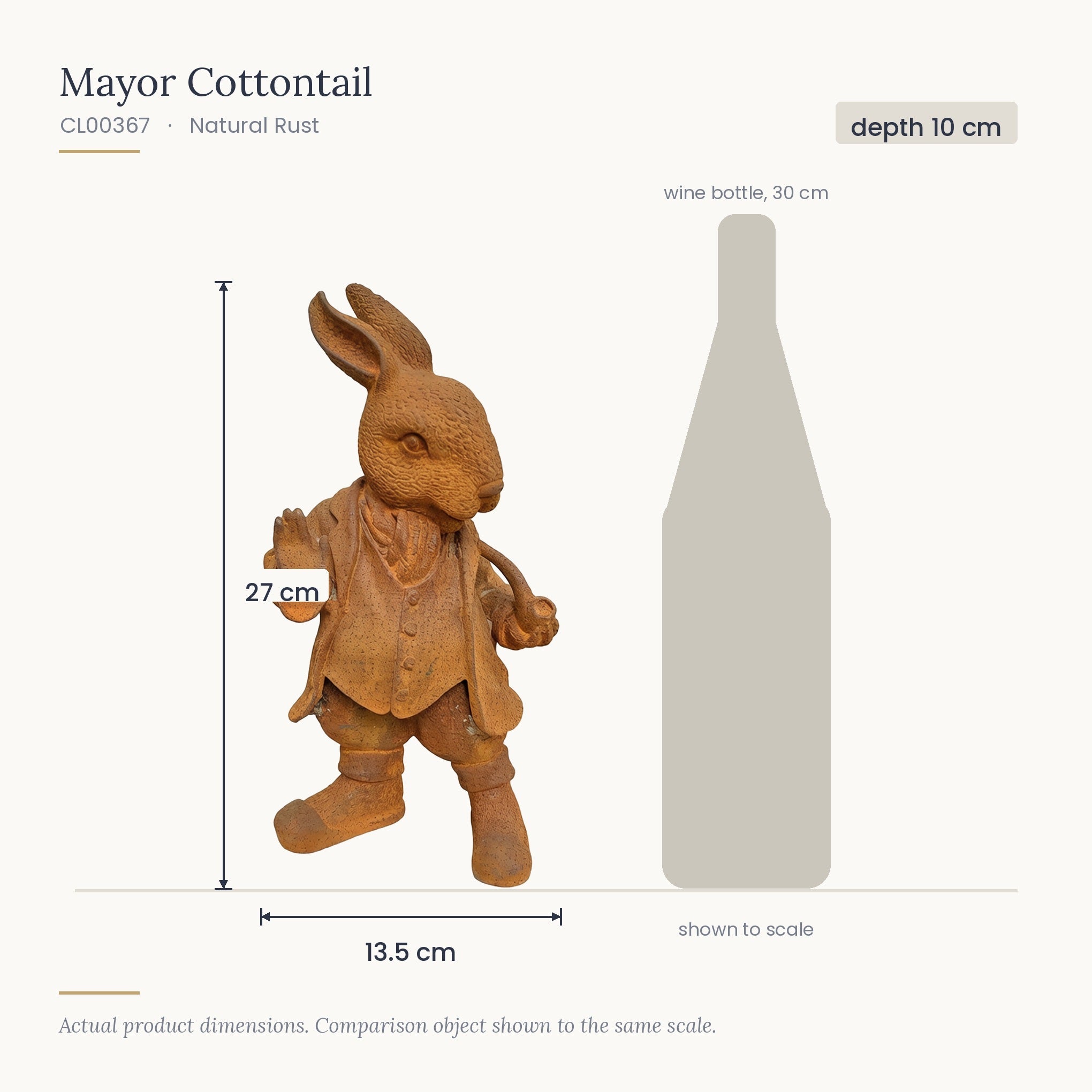 Size diagram for Mayor Cottontail, 13.5 x 10 x 27 cm, shown to scale beside a 30 cm wine bottle