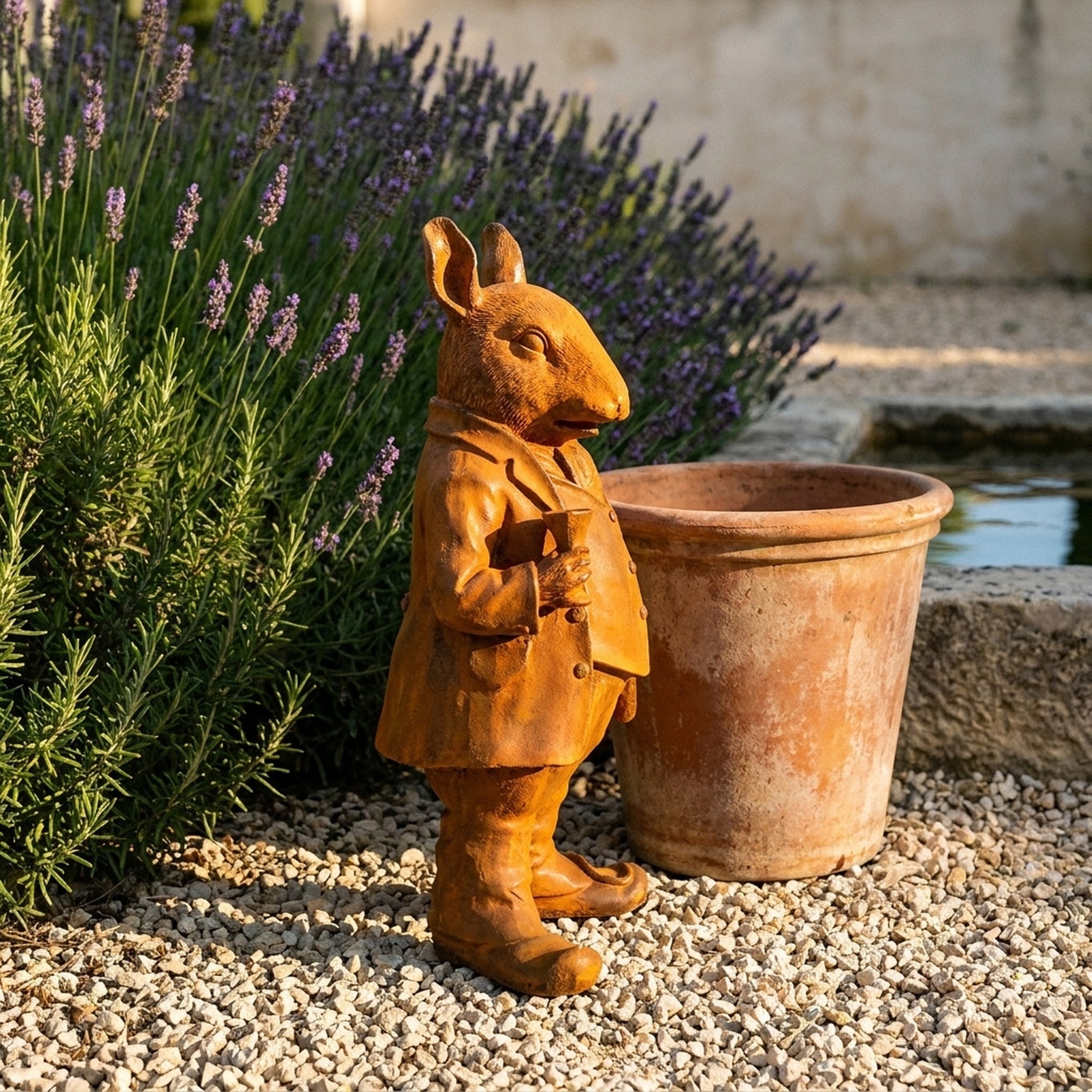 Monsieur Ratsworth rat statue side view showing the coat and boots