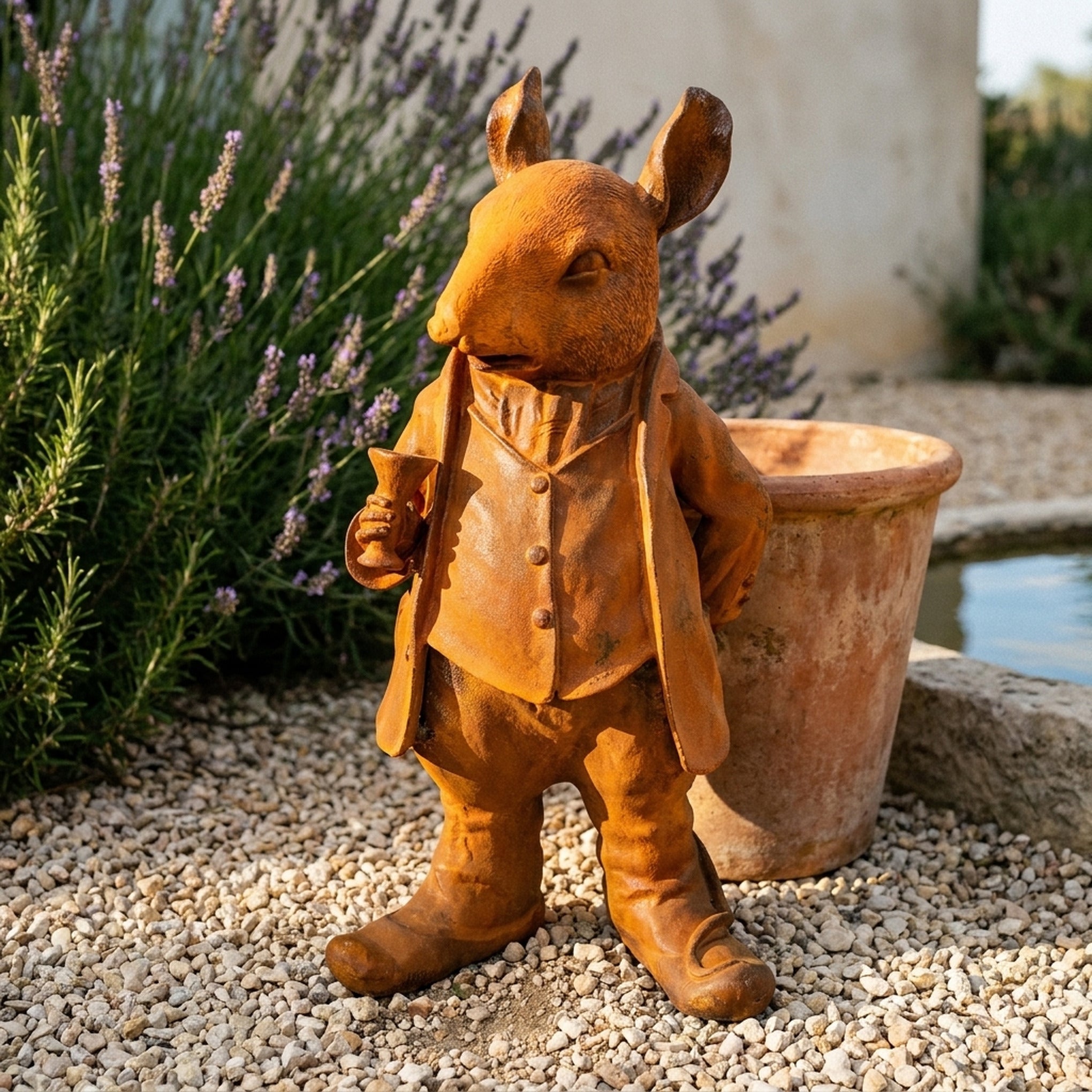 Monsieur Ratsworth rat statue front view showing the waistcoat buttons and goblet