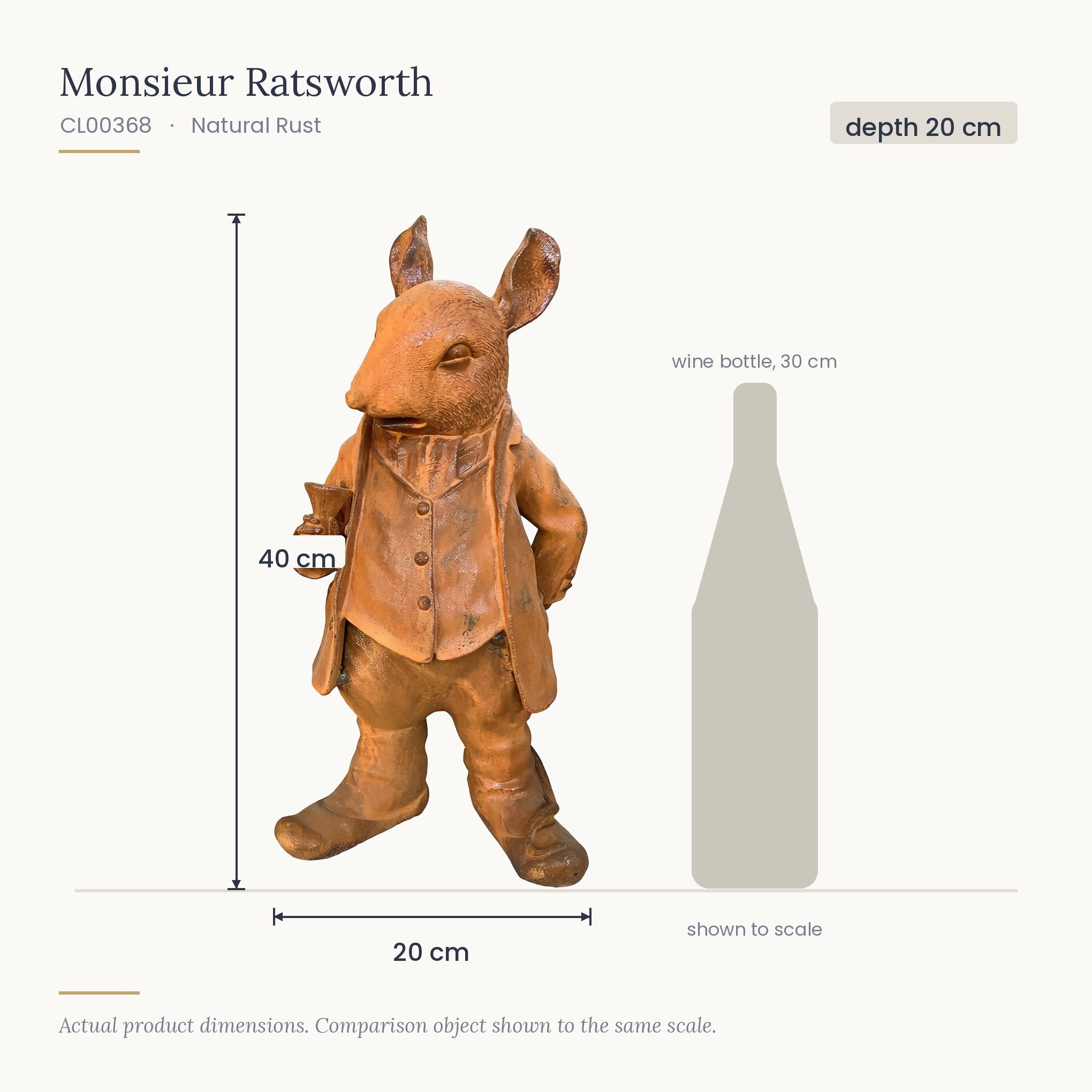 Size diagram for Monsieur Ratsworth, 20 x 20 x 40 cm, shown to scale beside a 30 cm wine bottle