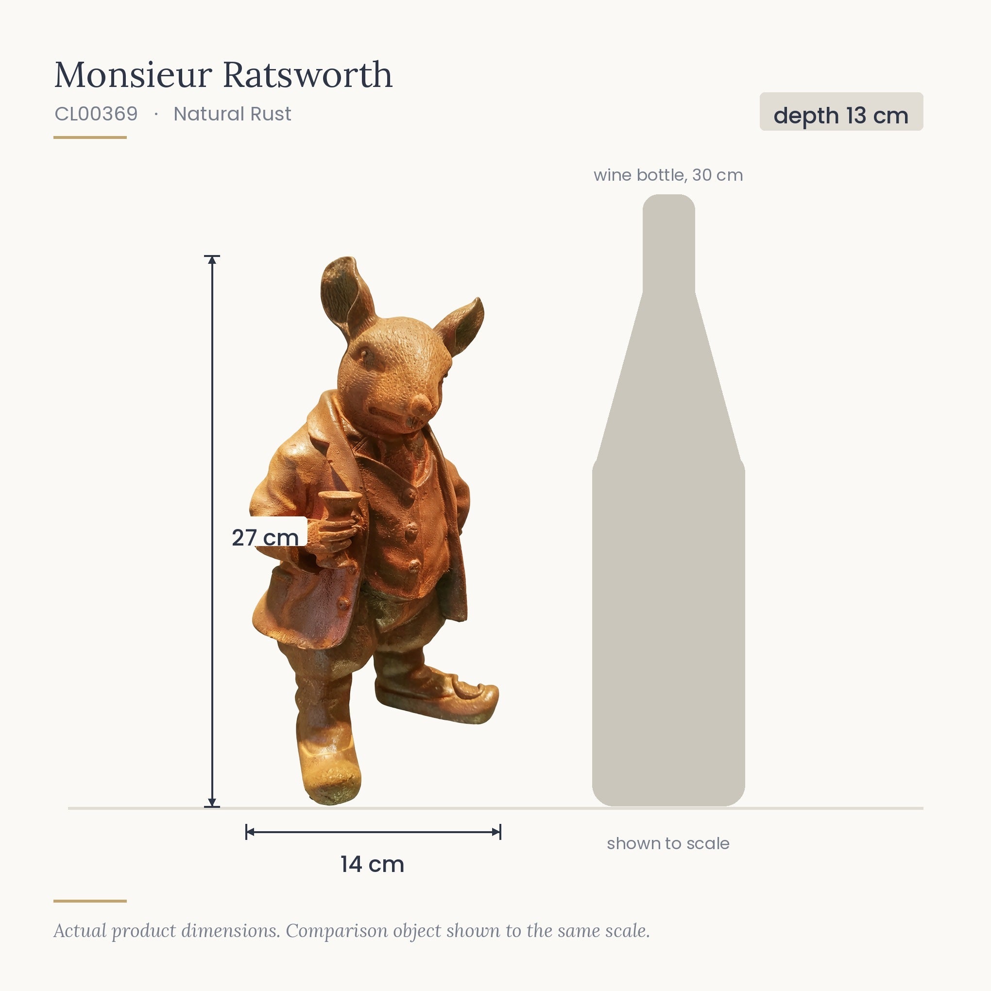 Size diagram for Monsieur Ratsworth, 14 x 13 x 27 cm, shown to scale beside a 30 cm wine bottle