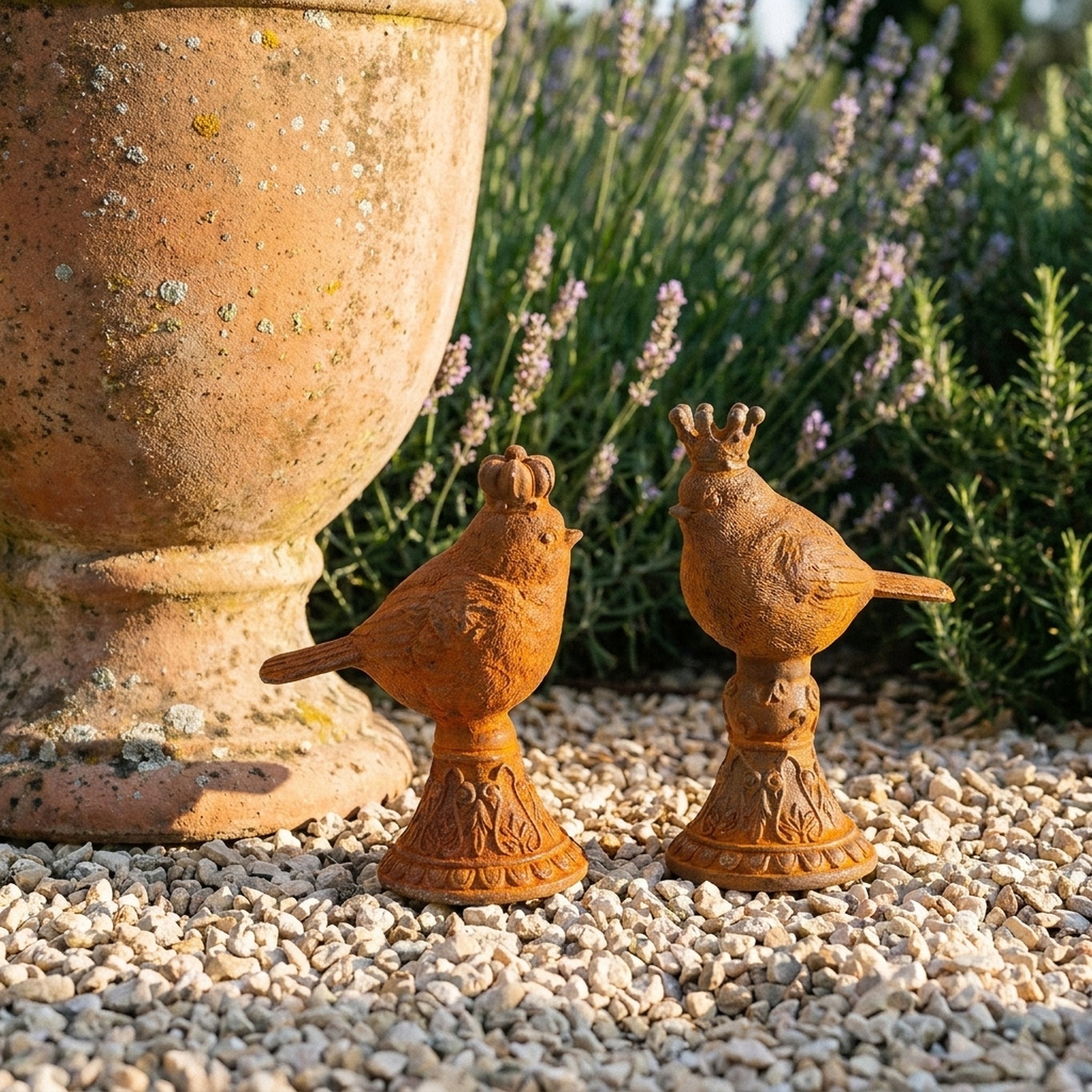 Tom Tit and Jenny Wren rust cast iron crowned bird statues on turned pedestals, on gravel beside a terracotta pot