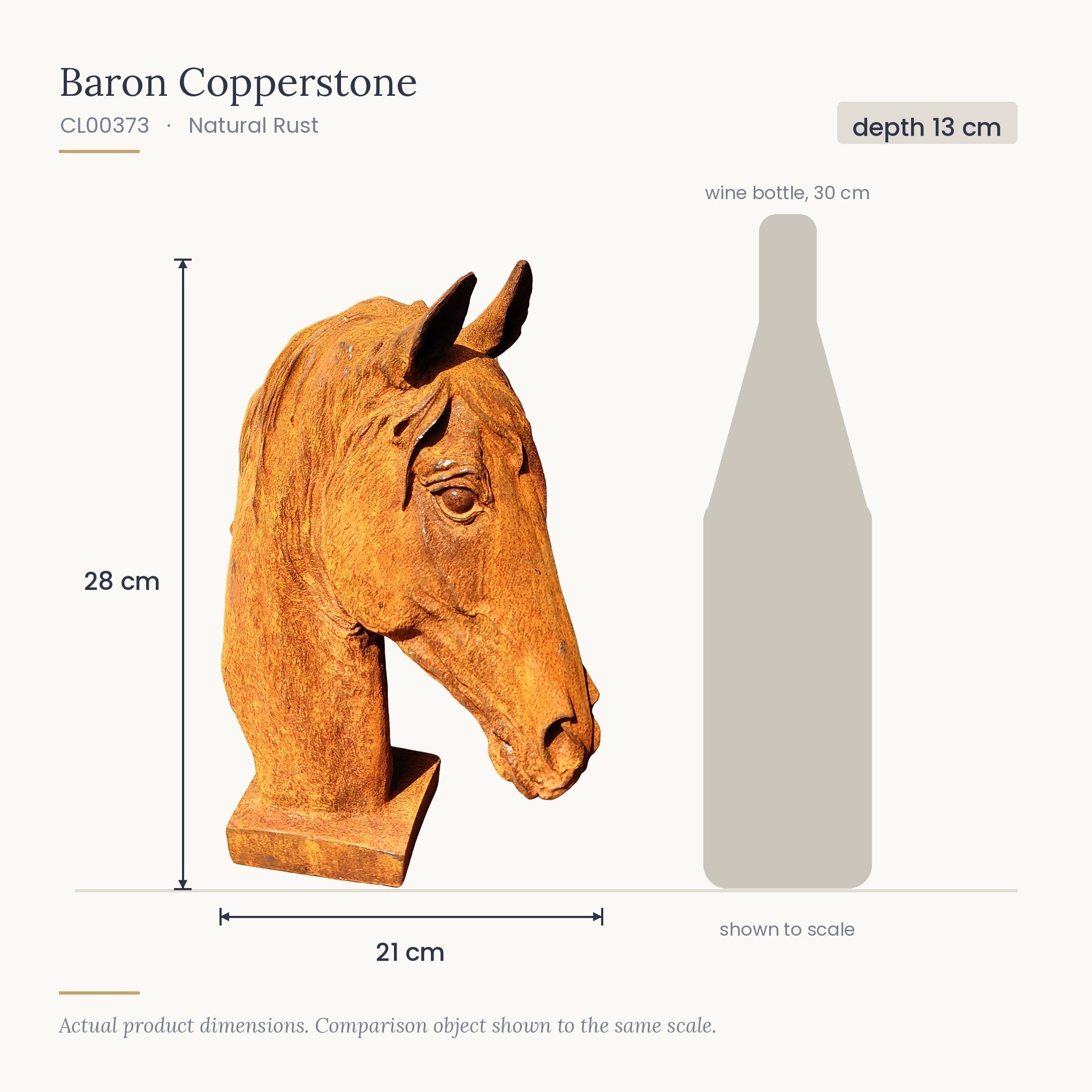 Size diagram for Baron Copperstone, 21 x 13 x 28 cm, shown to scale beside a 30 cm wine bottle