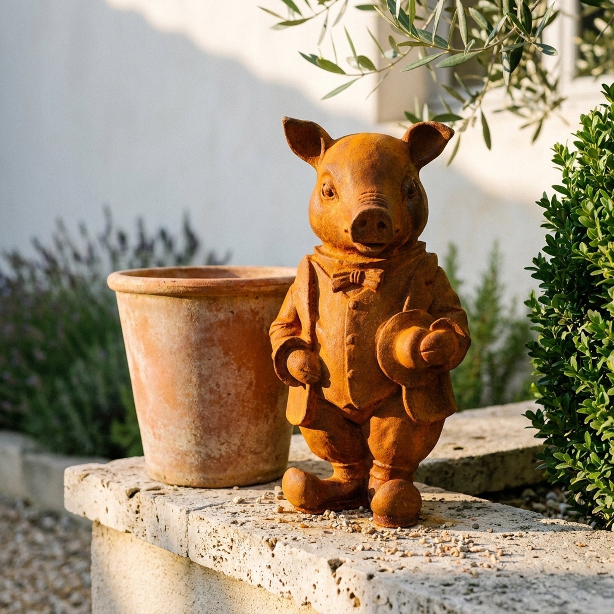 Inspector Truffles pig statue front view showing the bow tie and waistcoat buttons