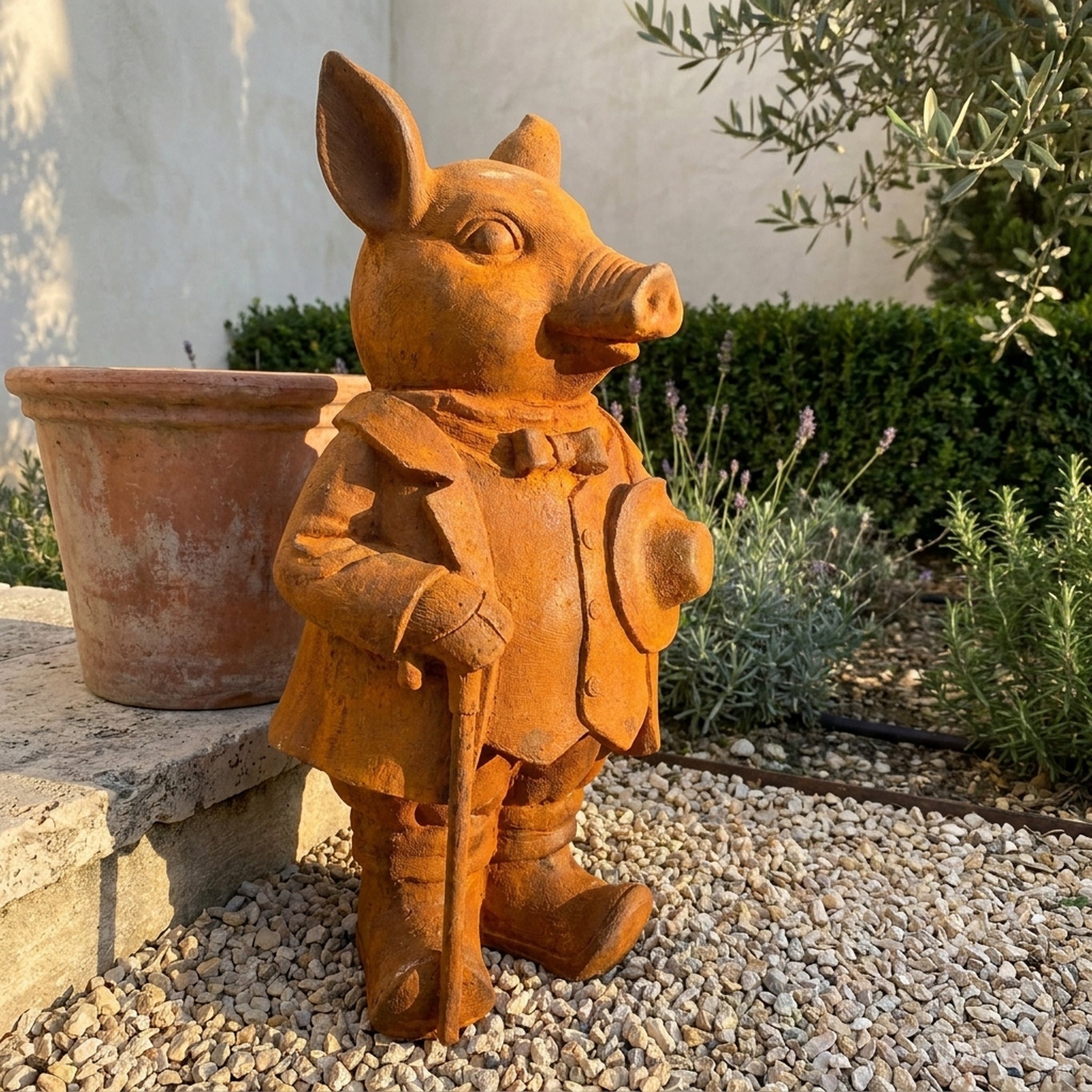 Inspector Truffles large rust cast iron pig statue with cane and hat, on gravel beside a terracotta pot