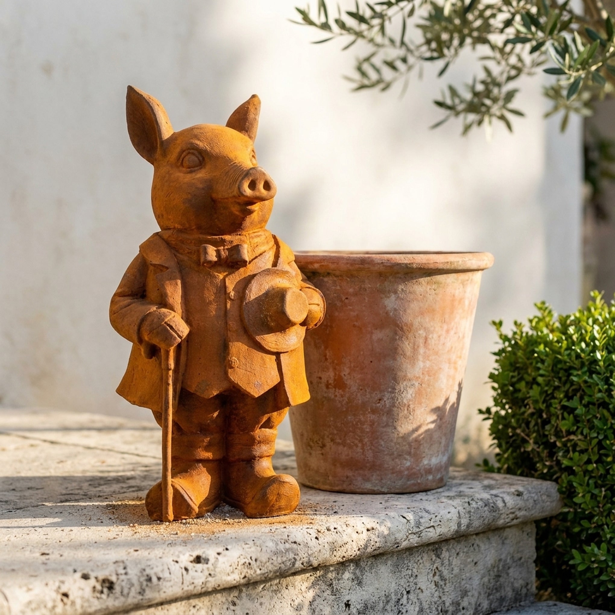 Inspector Truffles pig statue front view showing the bow tie, waistcoat and hat