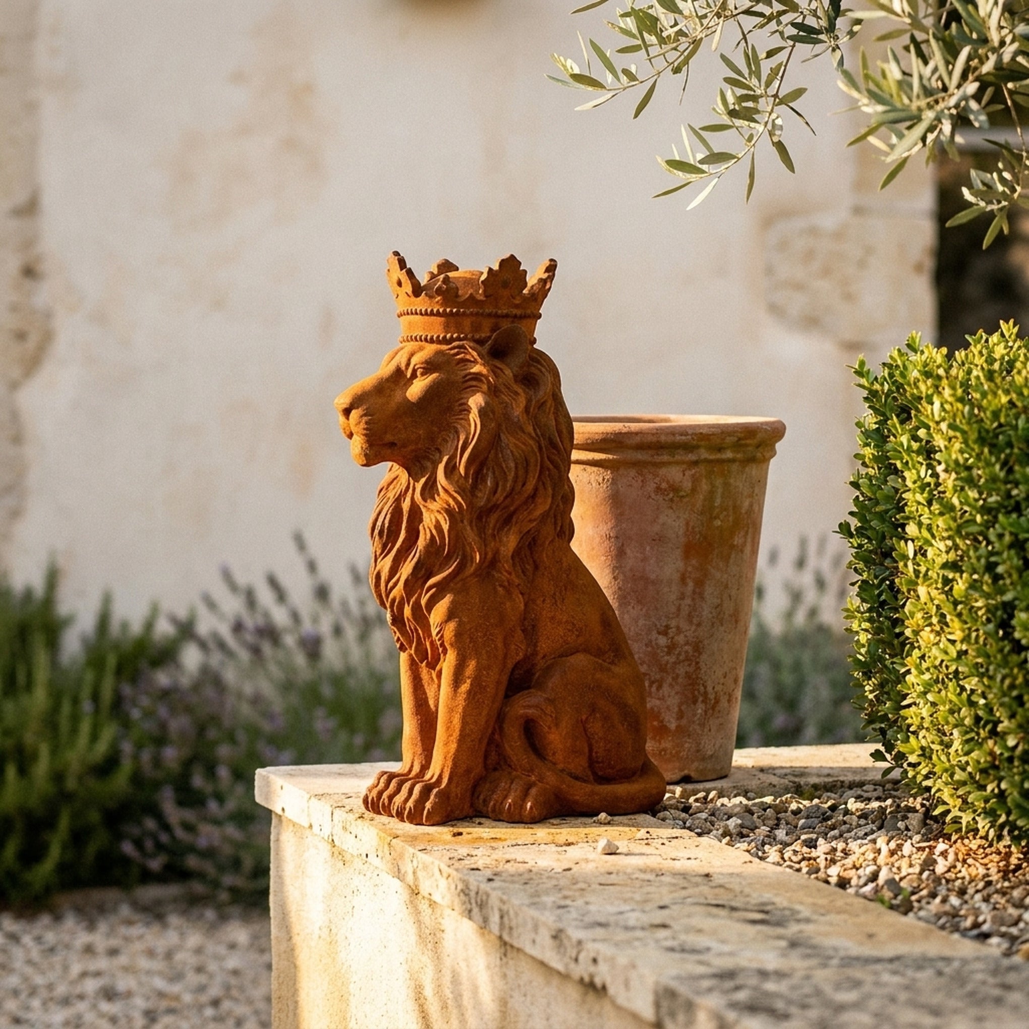 King Balthazar crowned lion statue side view showing the mane and the curled tail