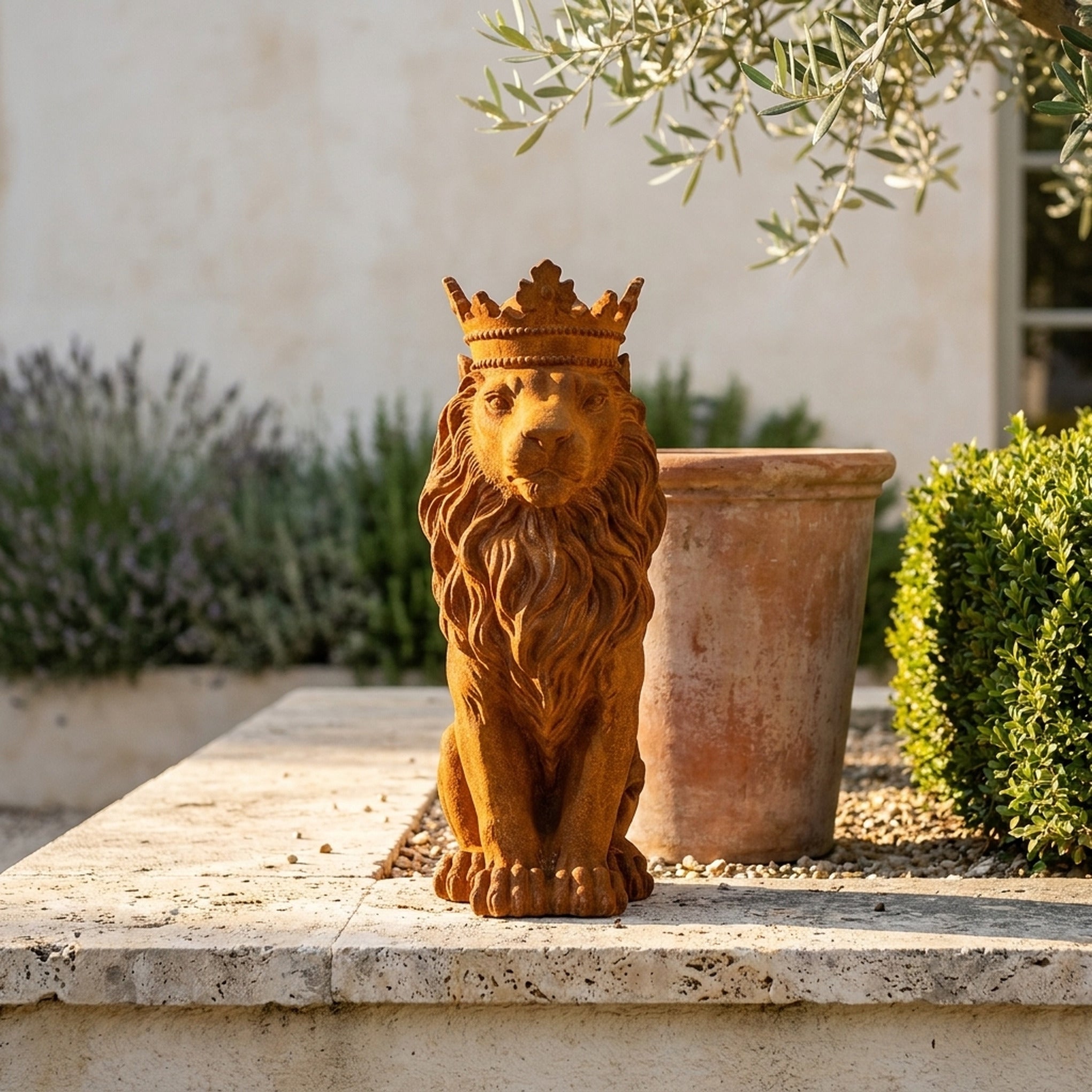 King Balthazar crowned lion statue front view showing the fleur-de-lis crown and beaded band