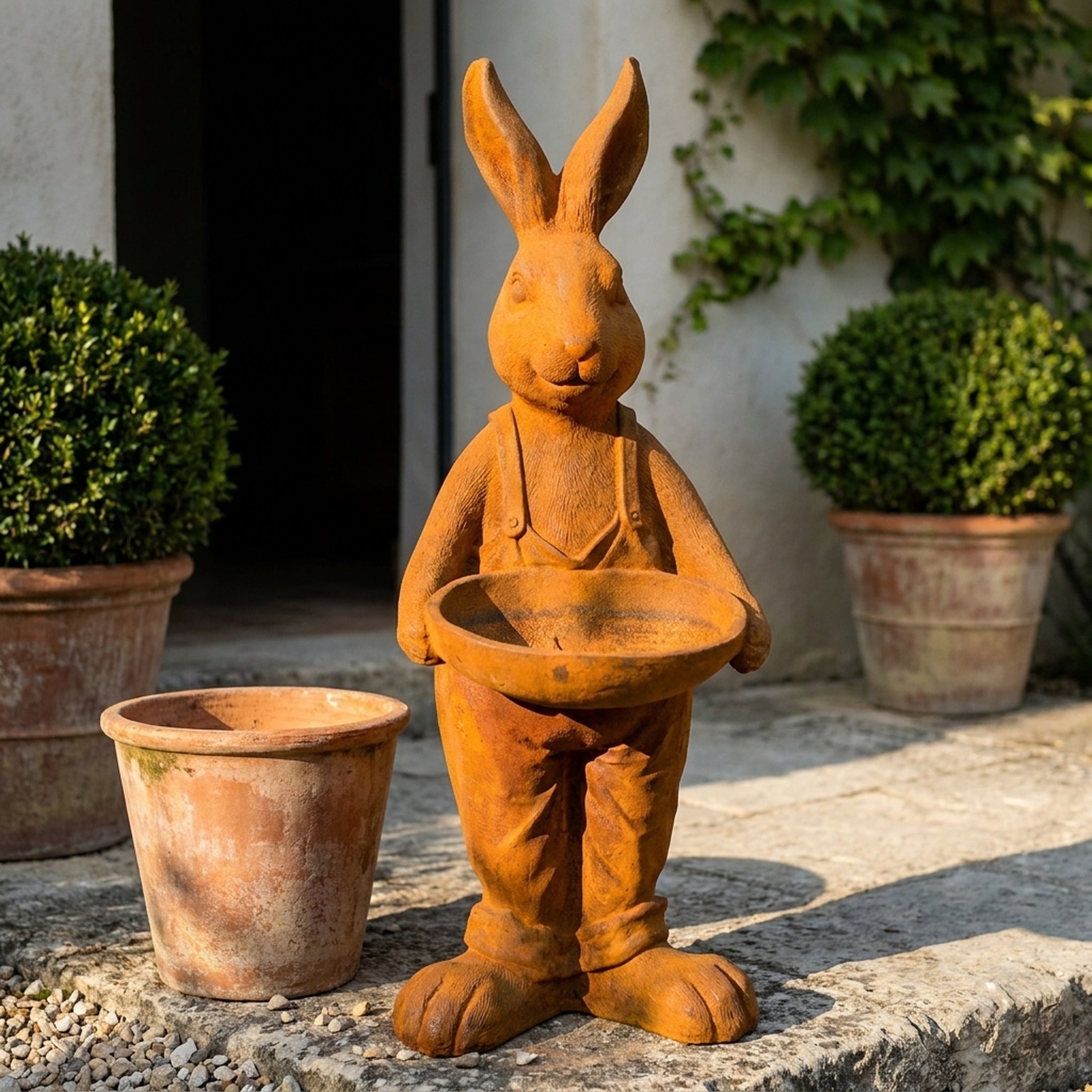 Farmer Barnaby rust cast iron hare statue in dungarees holding a bird feeder dish, standing on gravel beside a terracotta pot