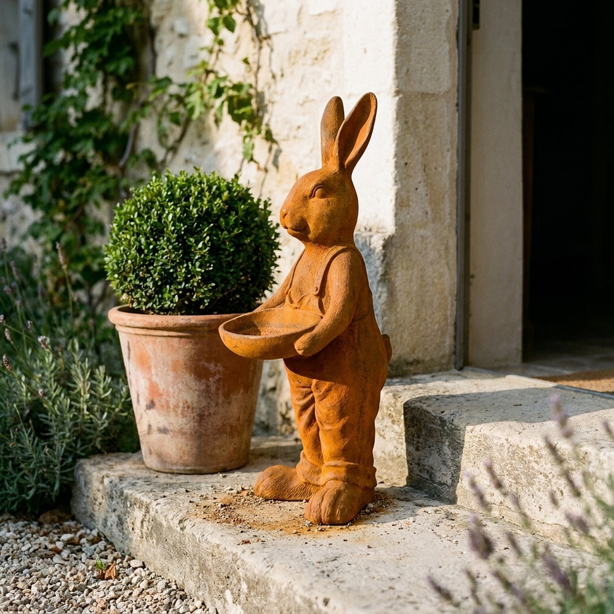Farmer Barnaby hare statue bird feeder front view showing the full height and finish