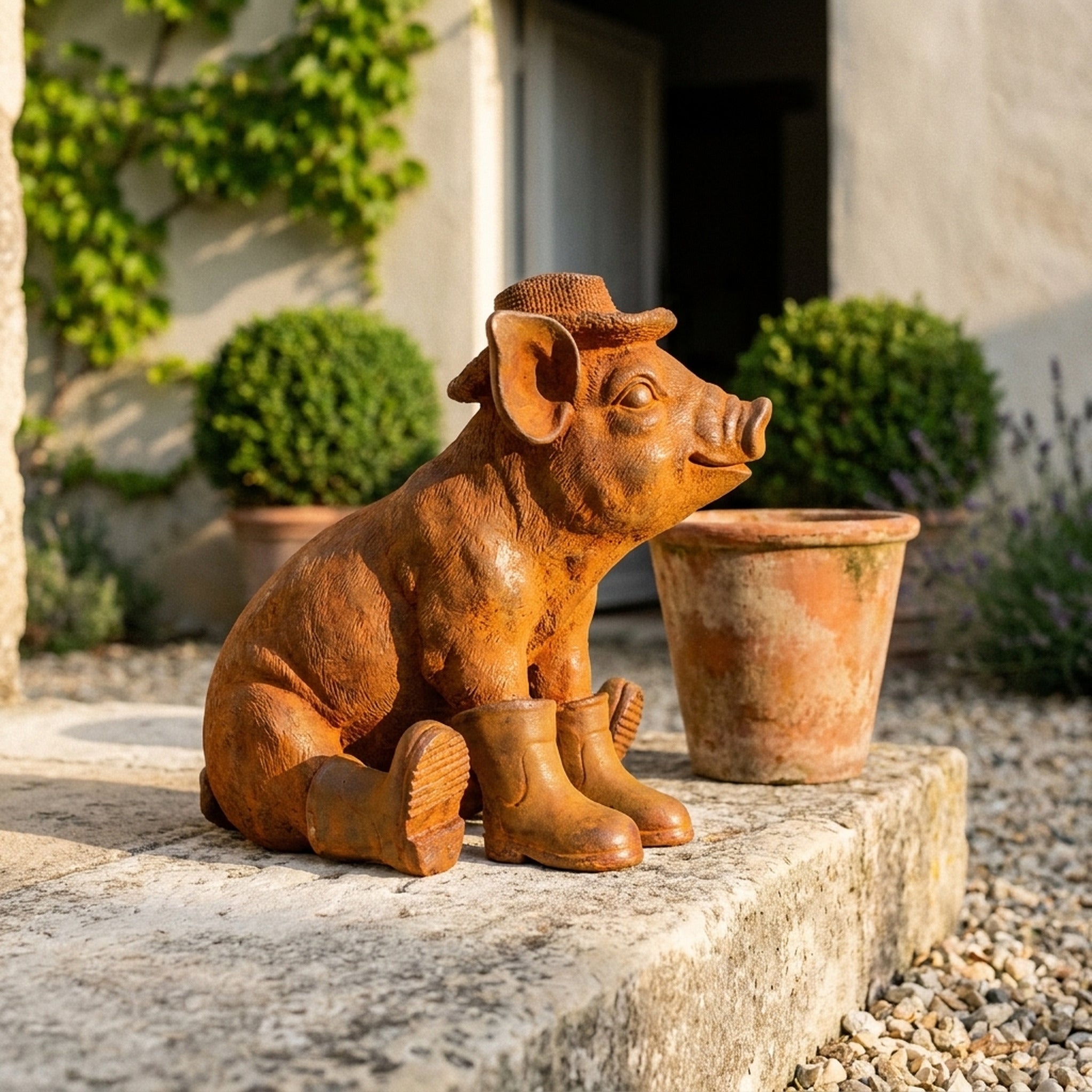 Farmer Hamish rust cast iron pig statue sitting in a straw hat and gumboots, on a stone step beside a terracotta pot