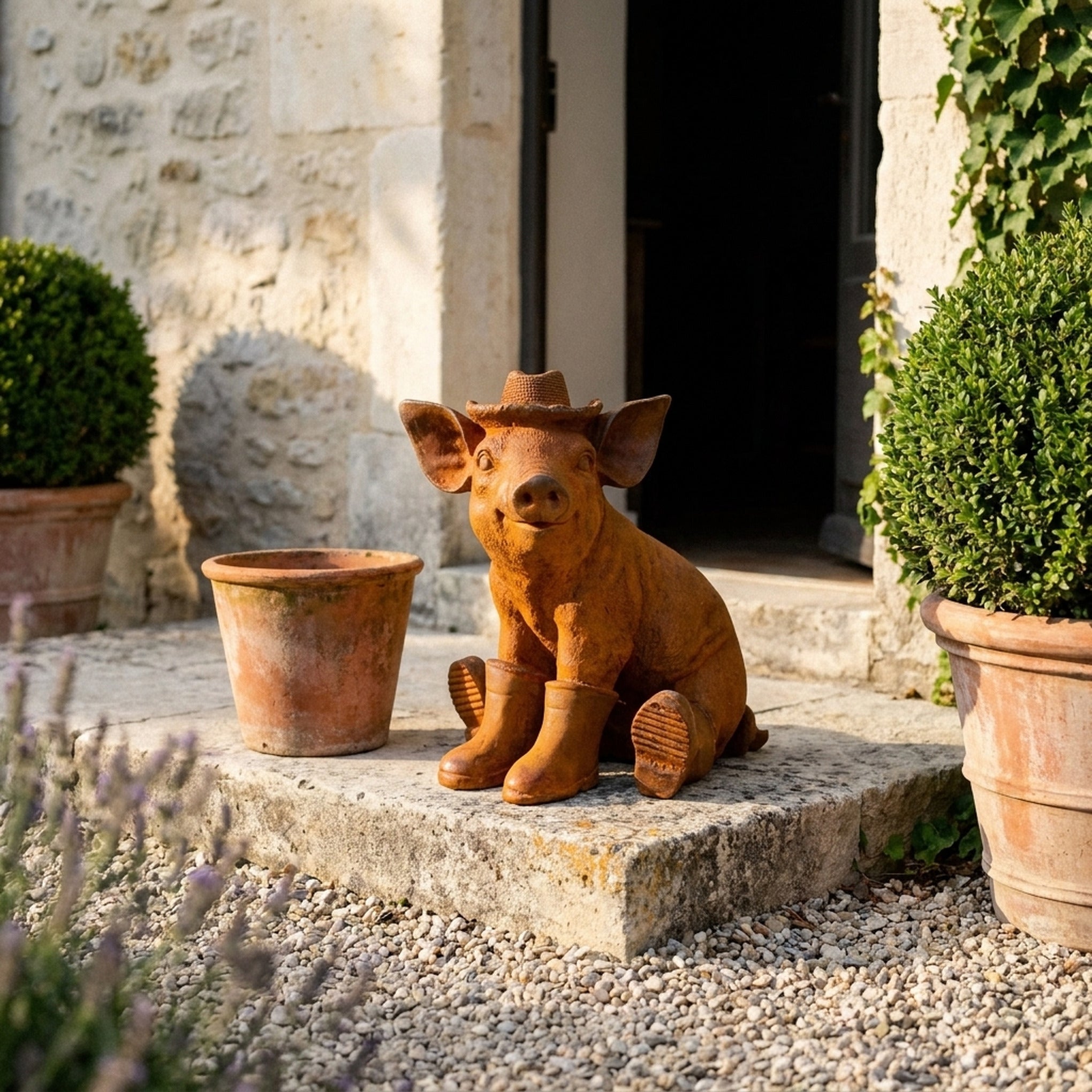Farmer Hamish Sitting pig statue in gumboots front view showing the full height and finish