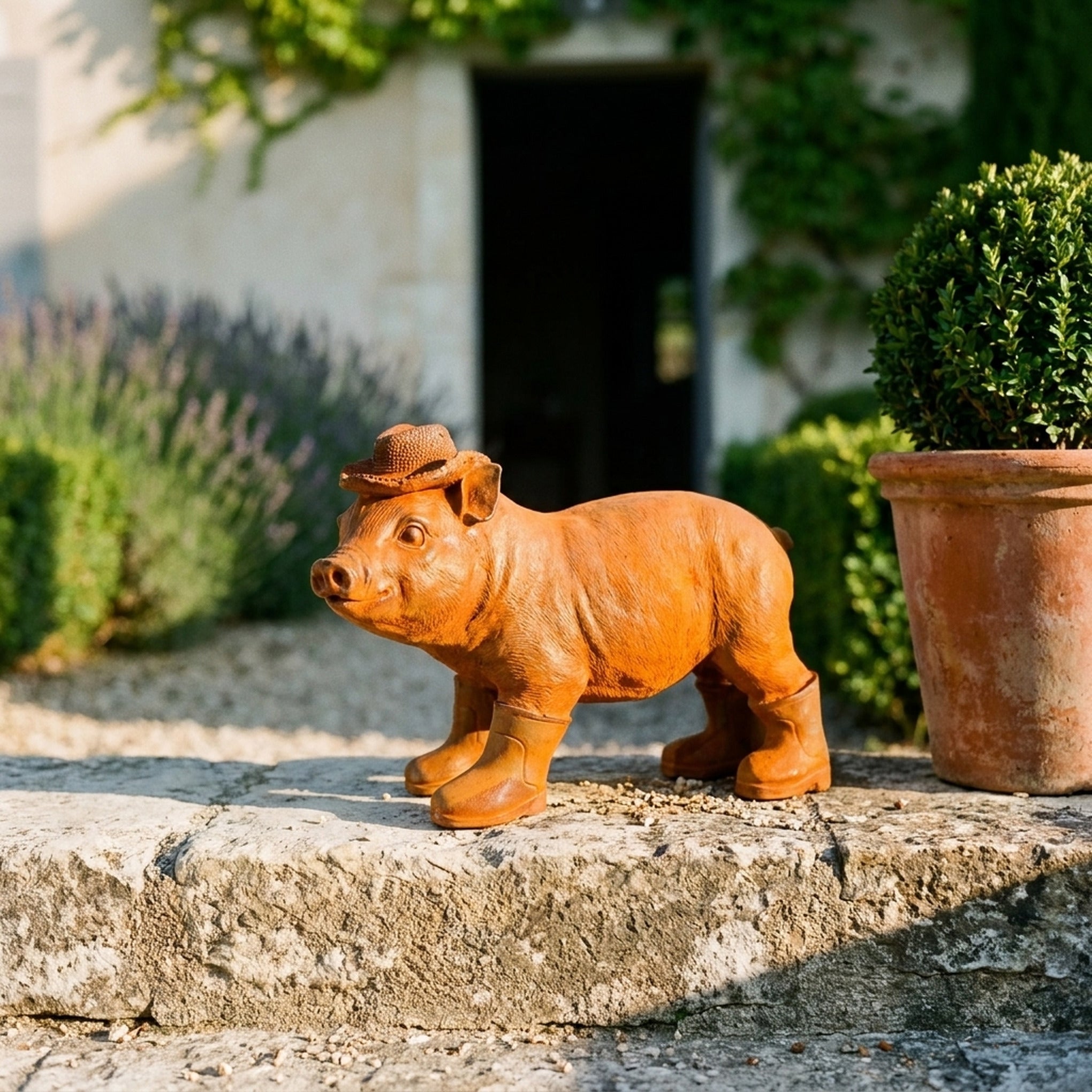 Farmer Hamish Standing pig statue in gumboots front view showing the full height and finish