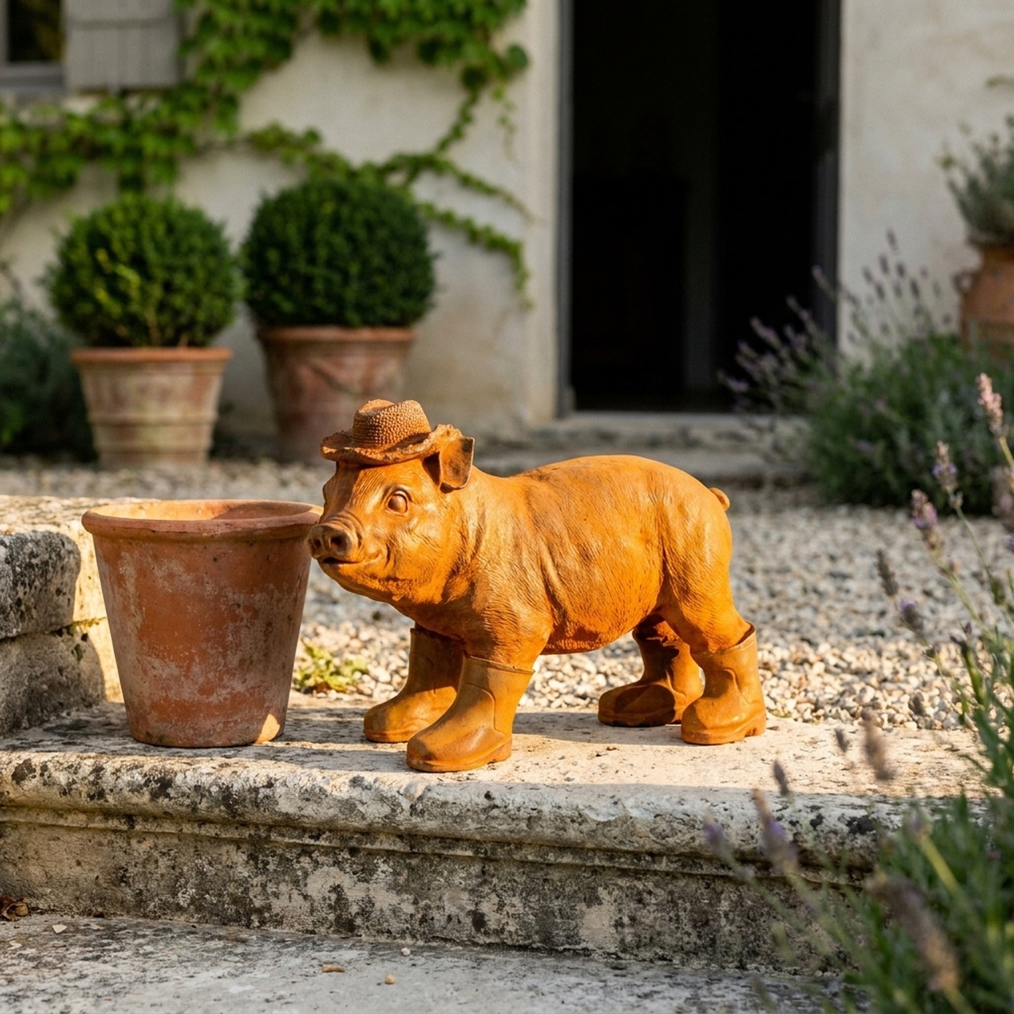 Farmer Hamish Standing pig statue in gumboots three quarter view in a provencal courtyard