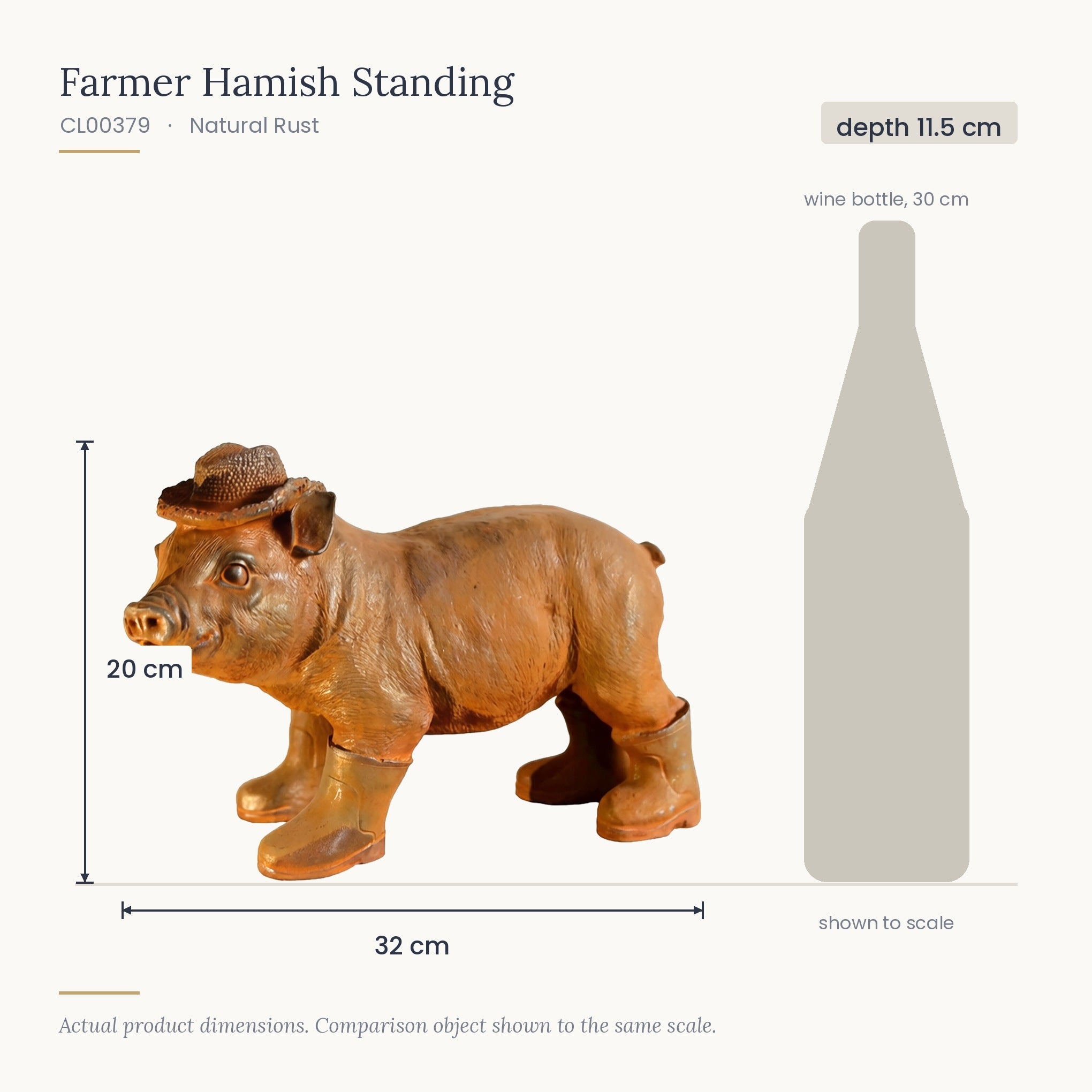 Size diagram for Farmer Hamish Standing, 32 x 11.5 x 20 cm, shown to scale beside a 30 cm wine bottle