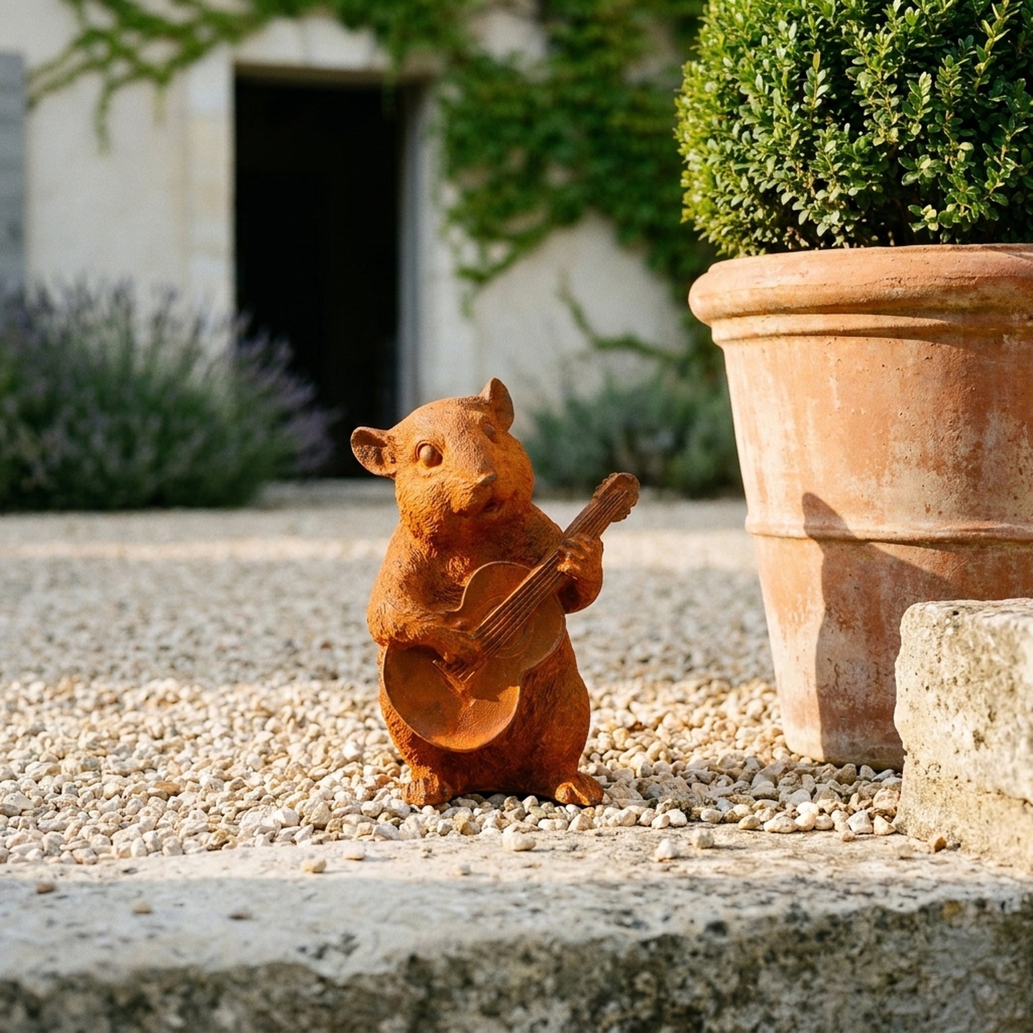 Bertie dormouse statue with a guitar front view showing the full height and finish