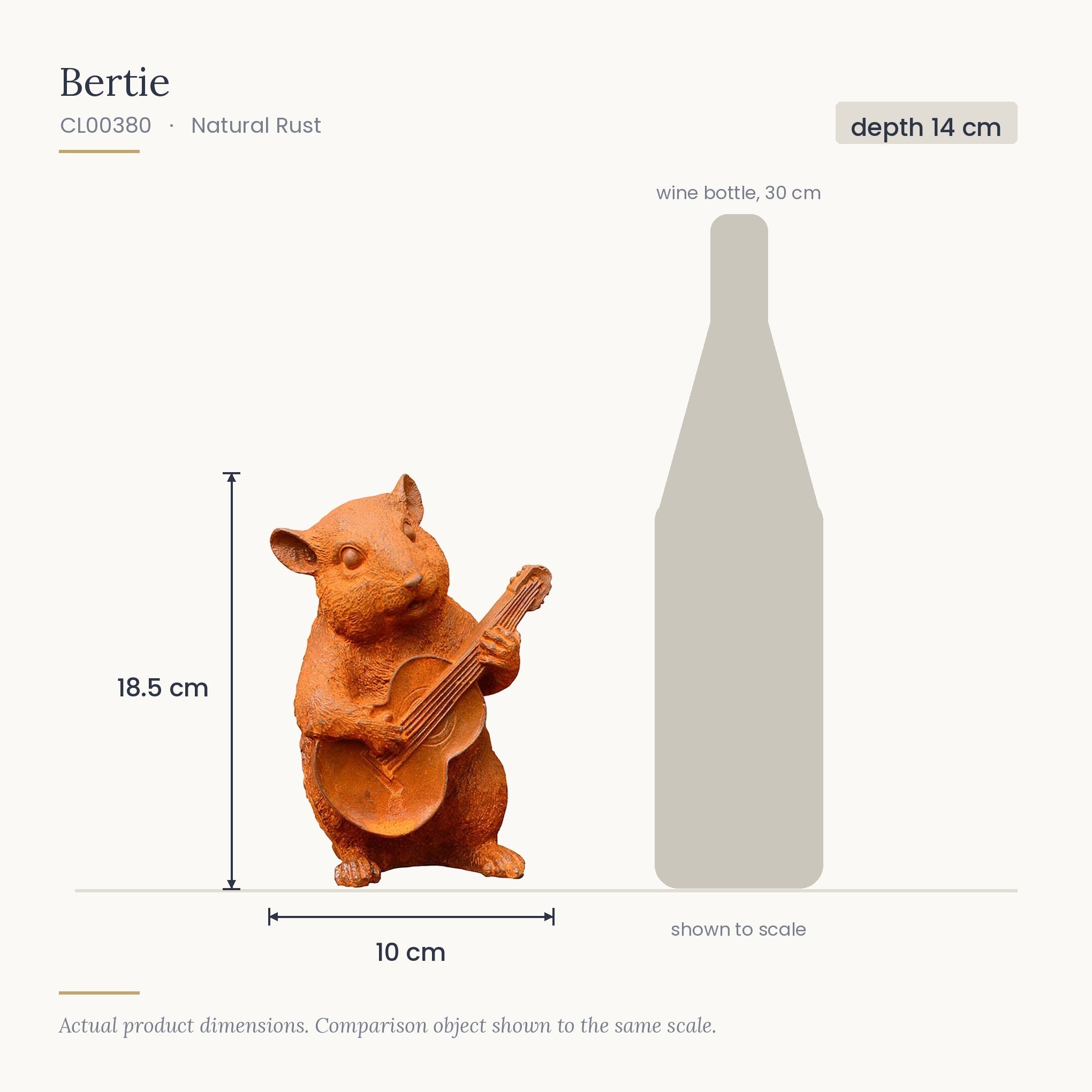Size diagram for Bertie, 10 x 14 x 18.5 cm, shown to scale
