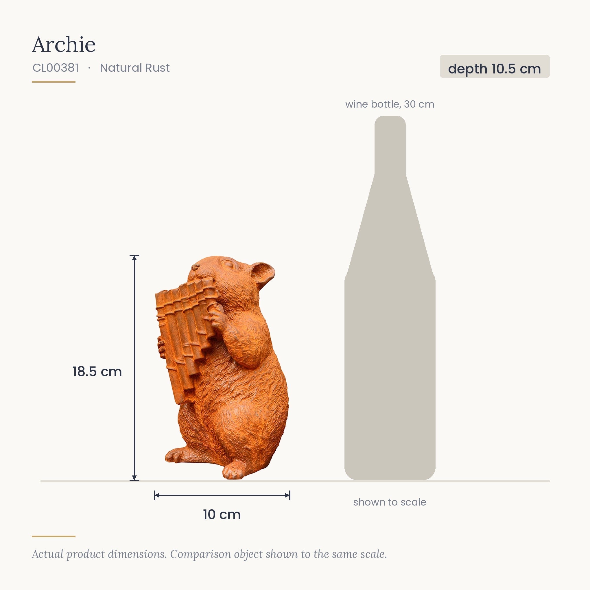 Size diagram for Archie, 10 x 10.5 x 18.5 cm, shown to scale