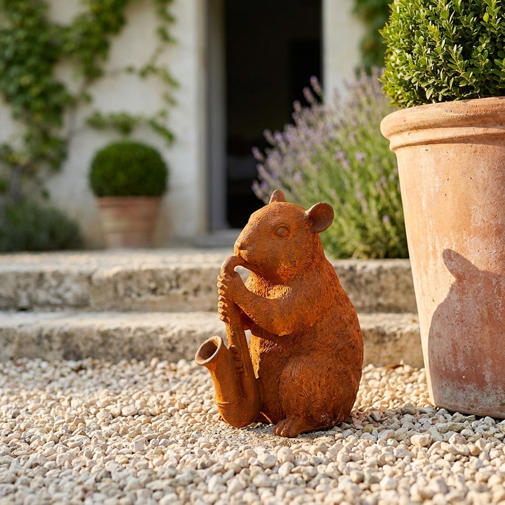 Chester dormouse statue with a saxophone front view showing the full height and finish