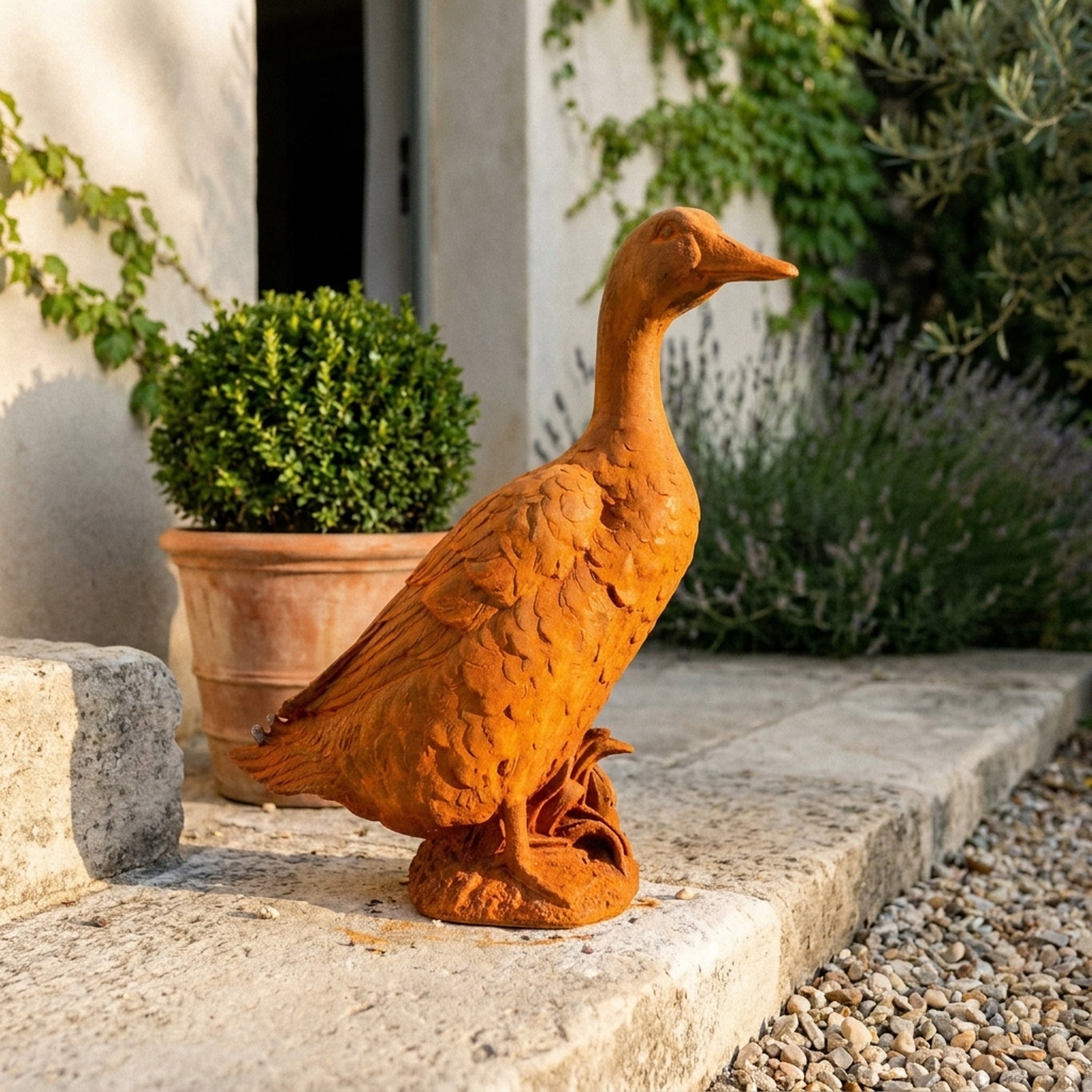 Goosey Gander duck statue three quarter view in a provencal courtyard