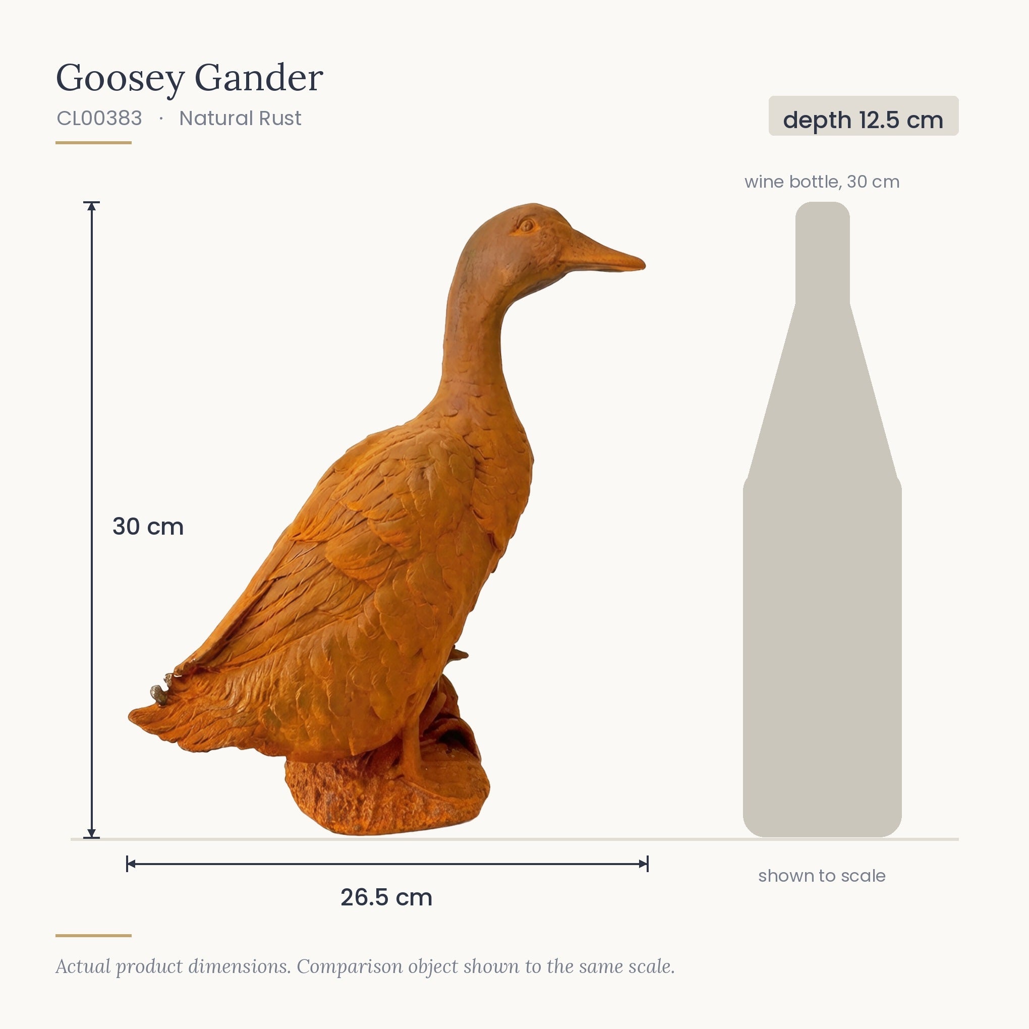 Size diagram for Goosey Gander, 26.5 x 12.5 x 30 cm, shown to scale beside a 30 cm wine bottle