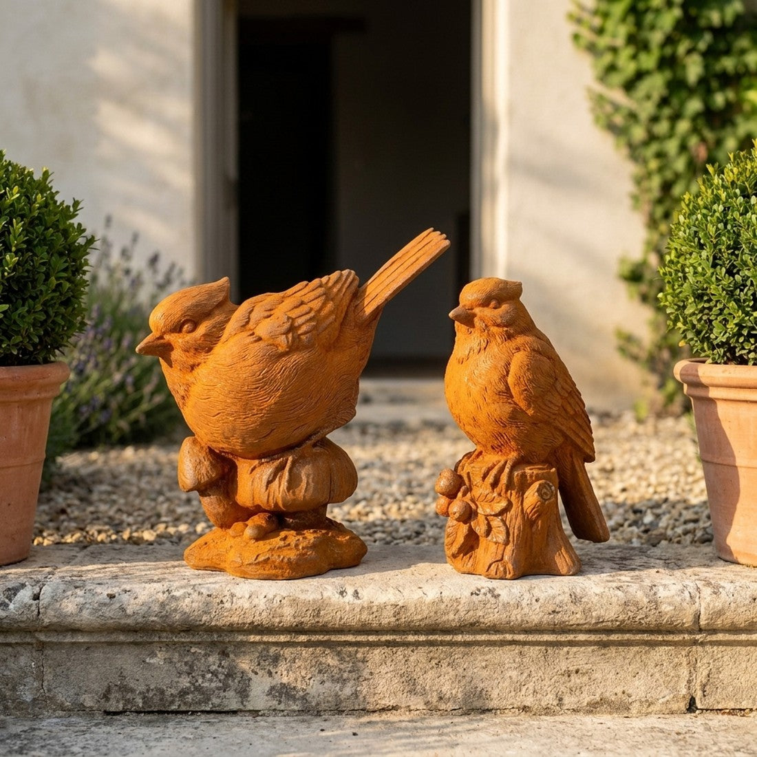 Pip and Squeak cast iron bird statues front view showing both castings together