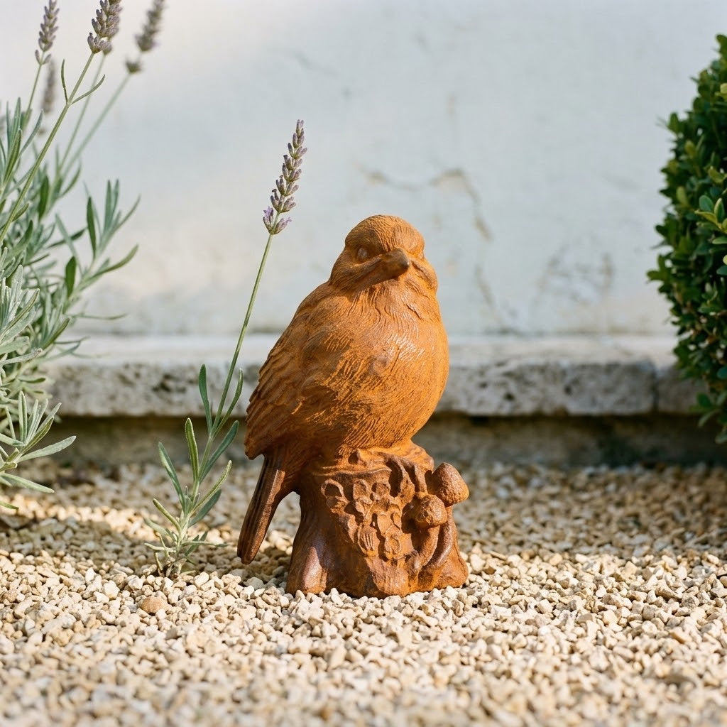 Squeak rust cast iron bird statue on an acorn stump, three quarter view on gravel beside lavender