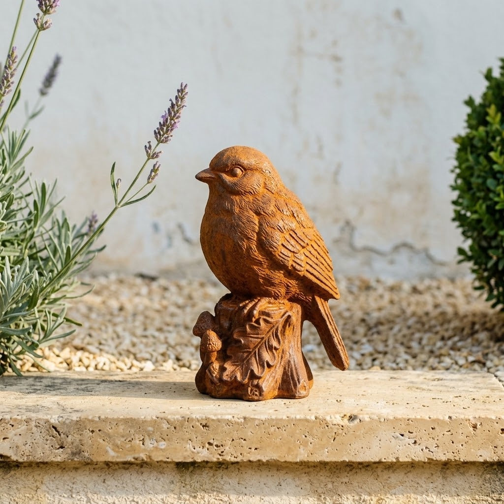 Squeak cast iron bird statue side view on a travertine ledge showing the acorn stump