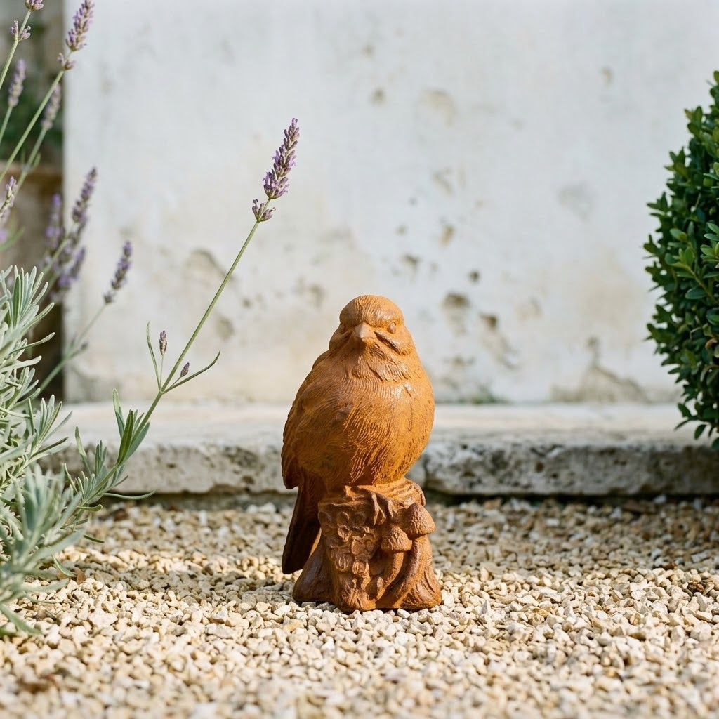 Squeak cast iron bird statue front view on gravel