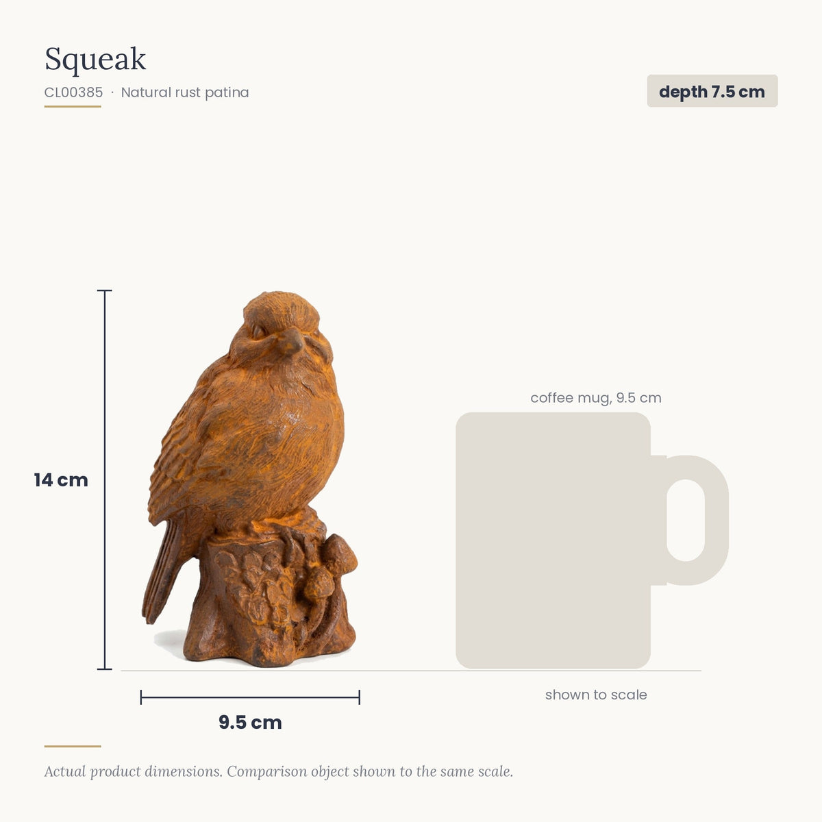 Size diagram for Squeak, 9.5 x 7.5 x 14 cm, shown to scale beside a 9.5 cm coffee mug