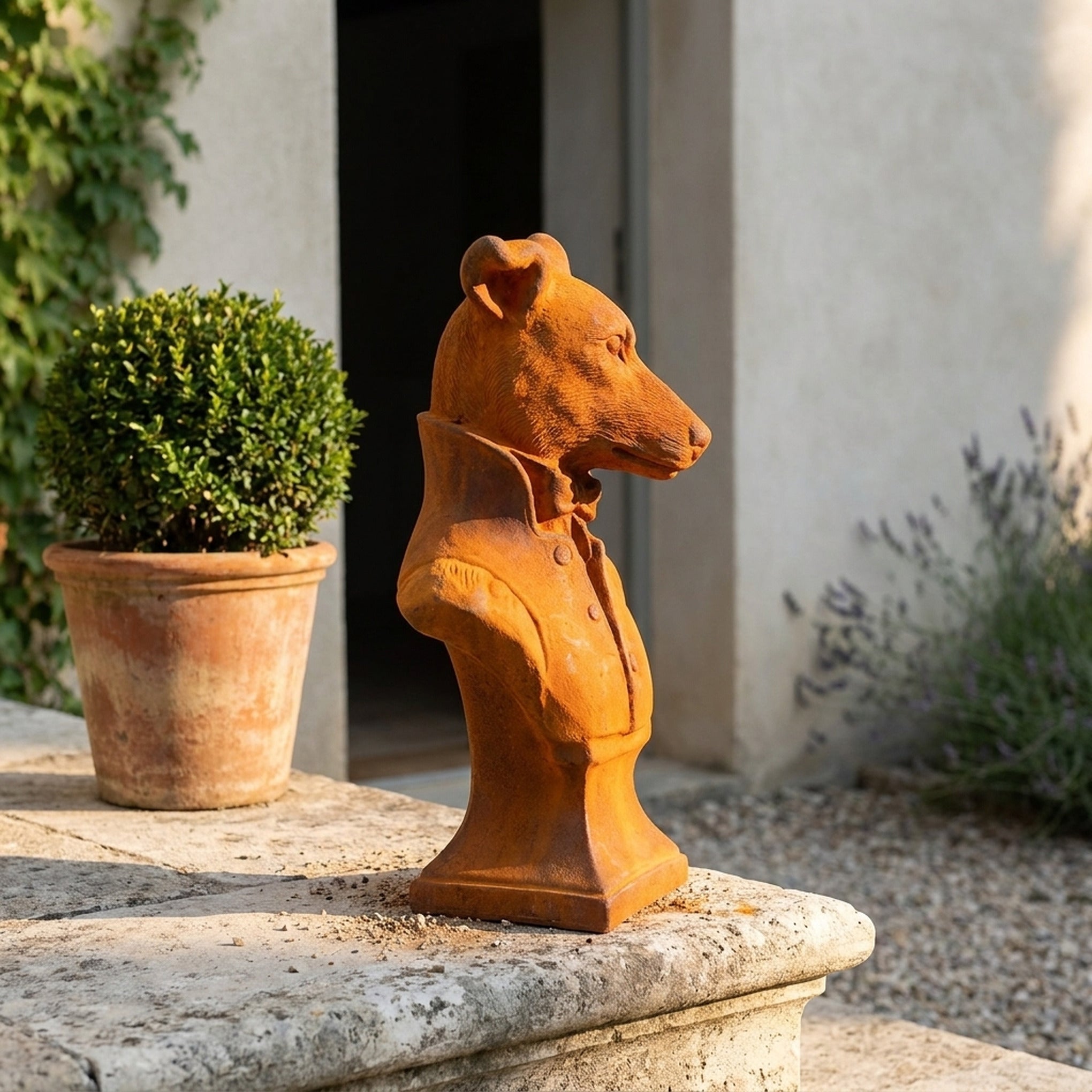 Captain Houndsley rust cast iron terrier bust in a bow tie on a pedestal, on a stone step beside a terracotta pot