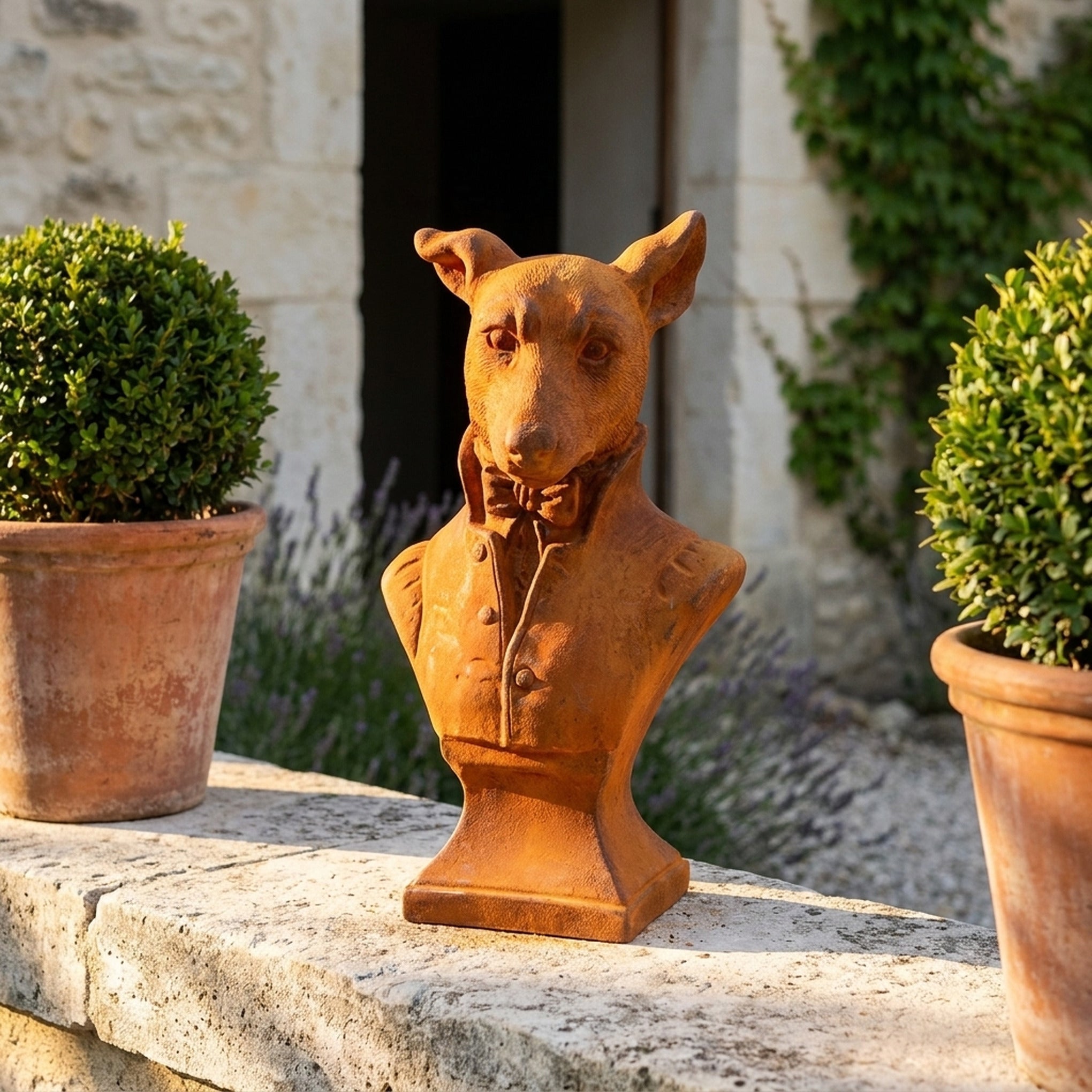 Captain Houndsley terrier bust statue front view showing the full height and finish