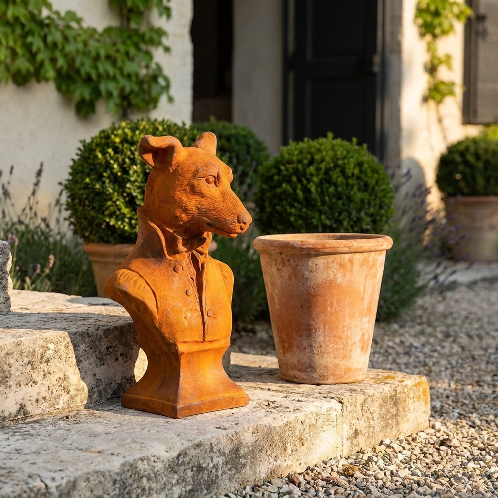 Captain Houndsley terrier bust statue three quarter view in a provencal courtyard