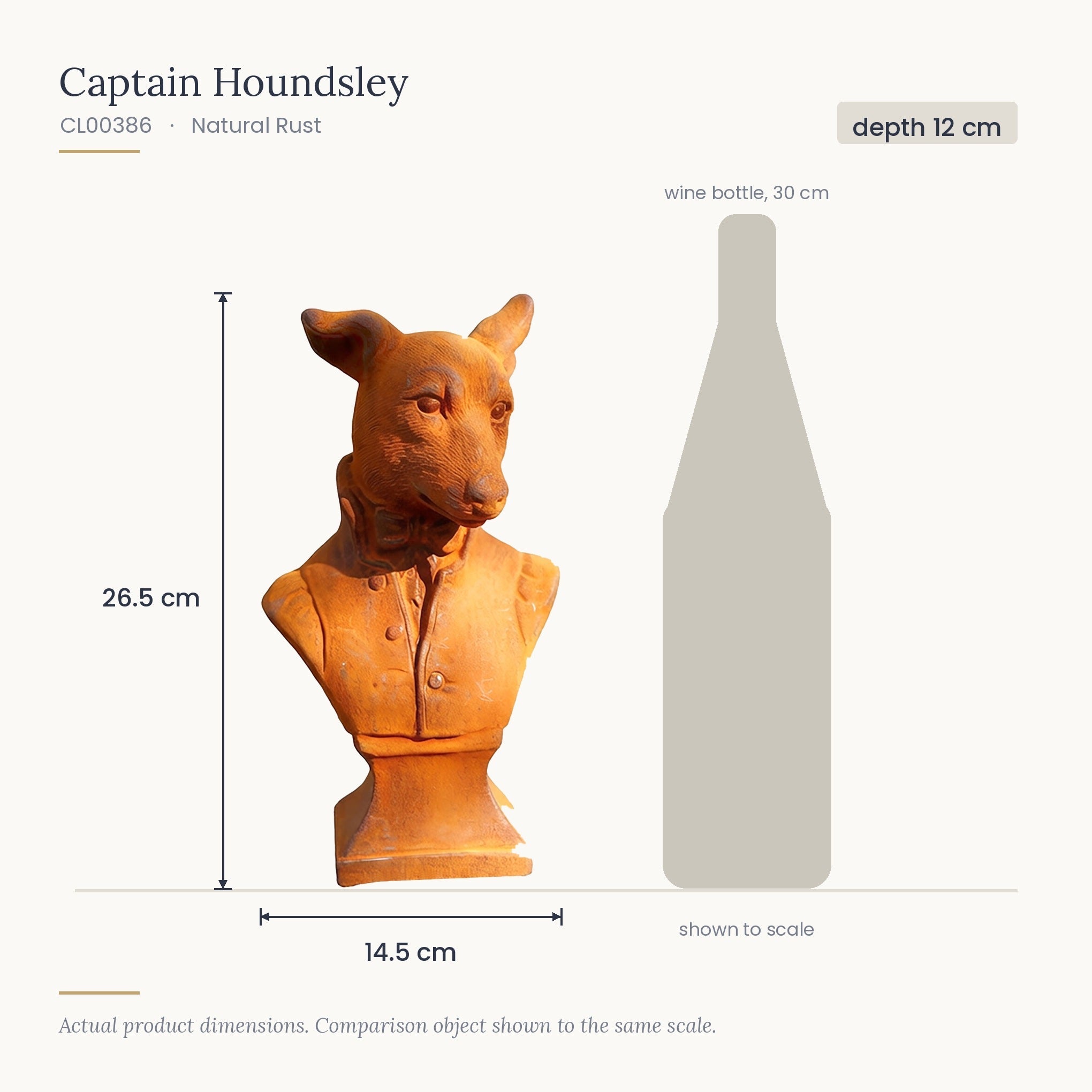Size diagram for Captain Houndsley, 14.5 x 12 x 26.5 cm, shown to scale beside a 30 cm wine bottle