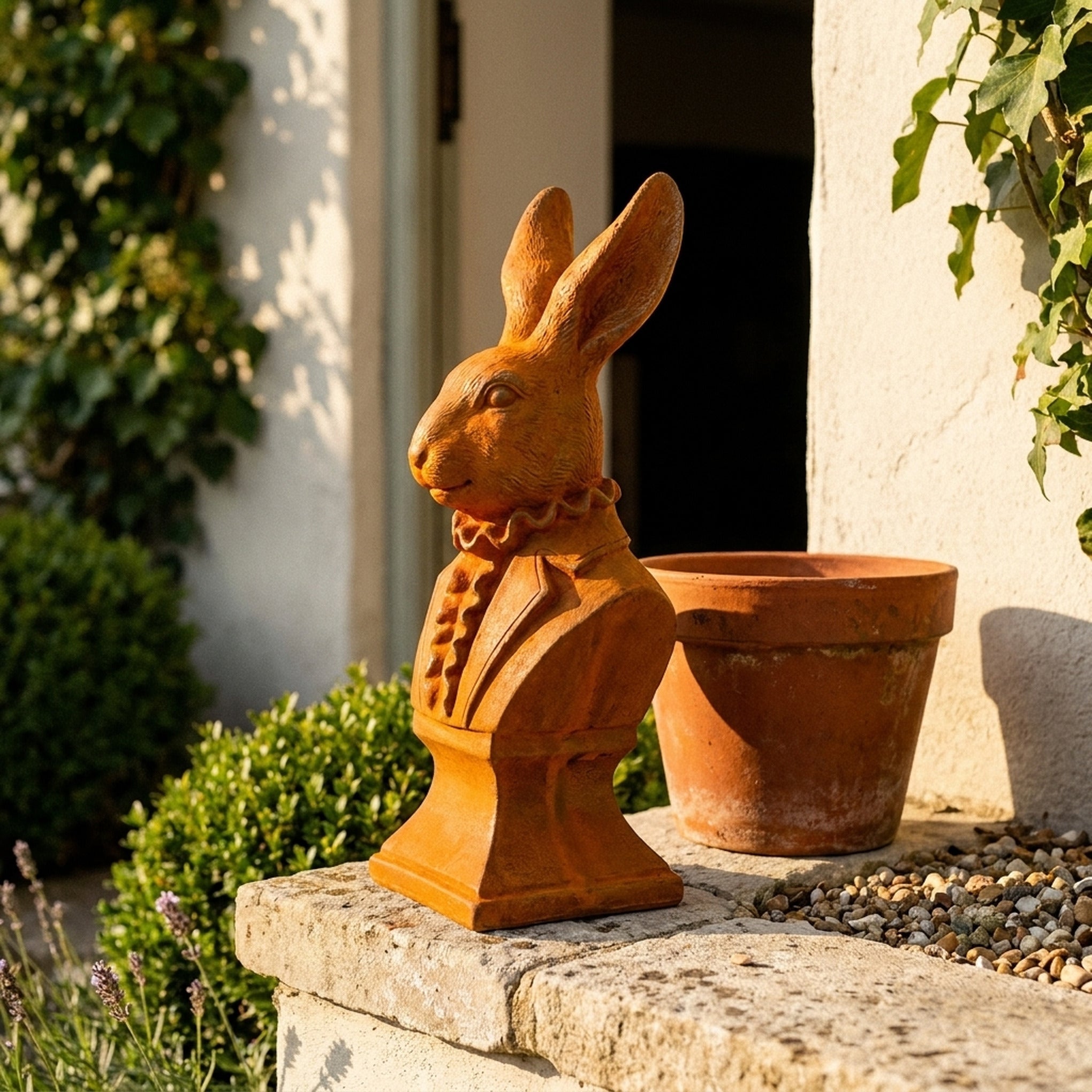 General Hector rust cast iron hare bust in a ruffled jabot on a pedestal, on a stone step beside a terracotta pot