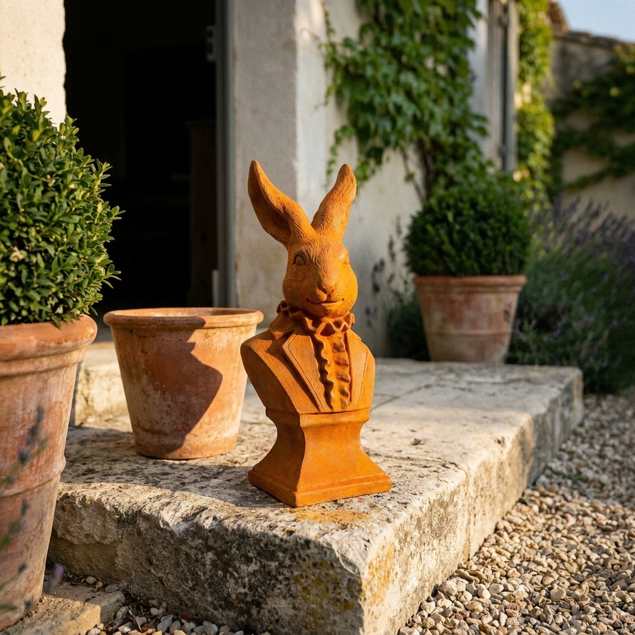 General Hector hare bust statue three quarter view in a provencal courtyard