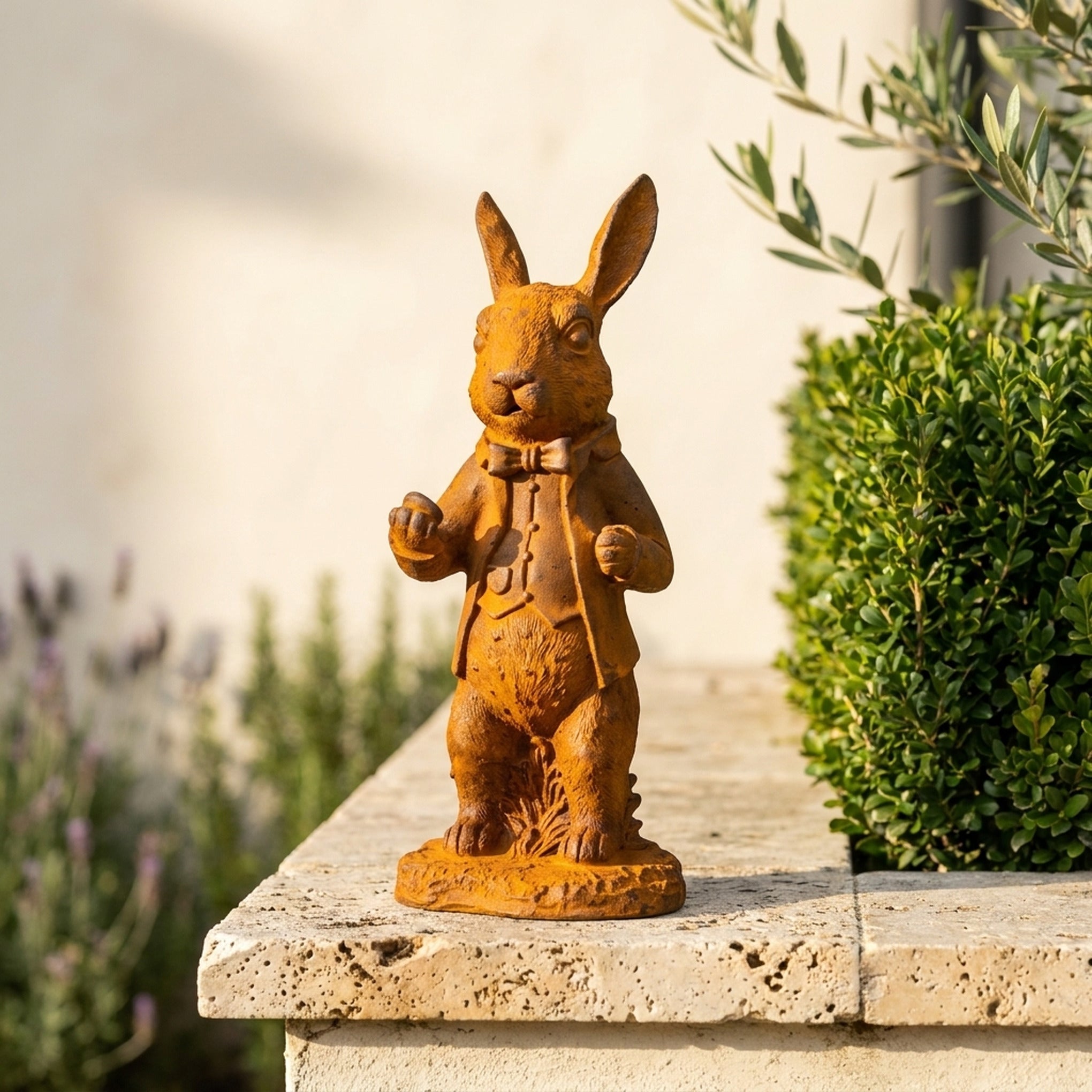 Doctor Bramble rabbit statue front view showing the bow tie, waistcoat and watch chain