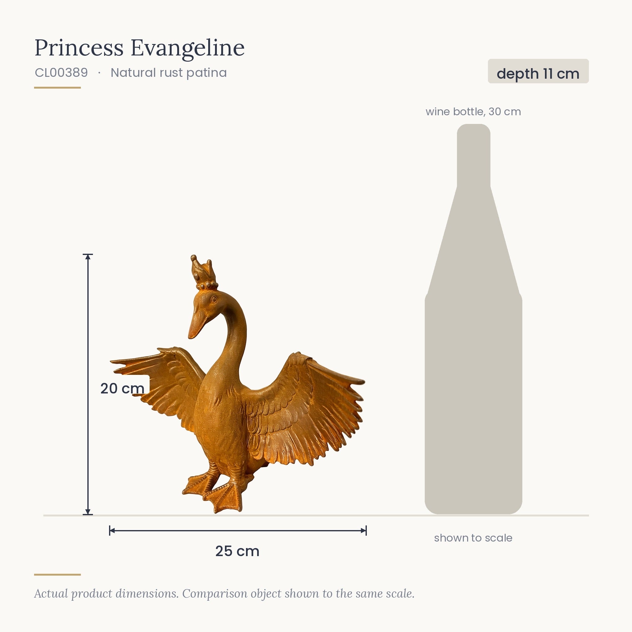 Size diagram for Princess Evangeline, 25 x 11 x 20 cm, shown to scale beside a 30 cm wine bottle