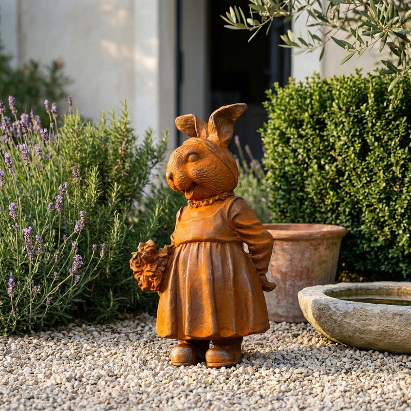 Miss Clover French Provincial Rabbit Statue with Posy, Rust Cast Iron 25.5cm