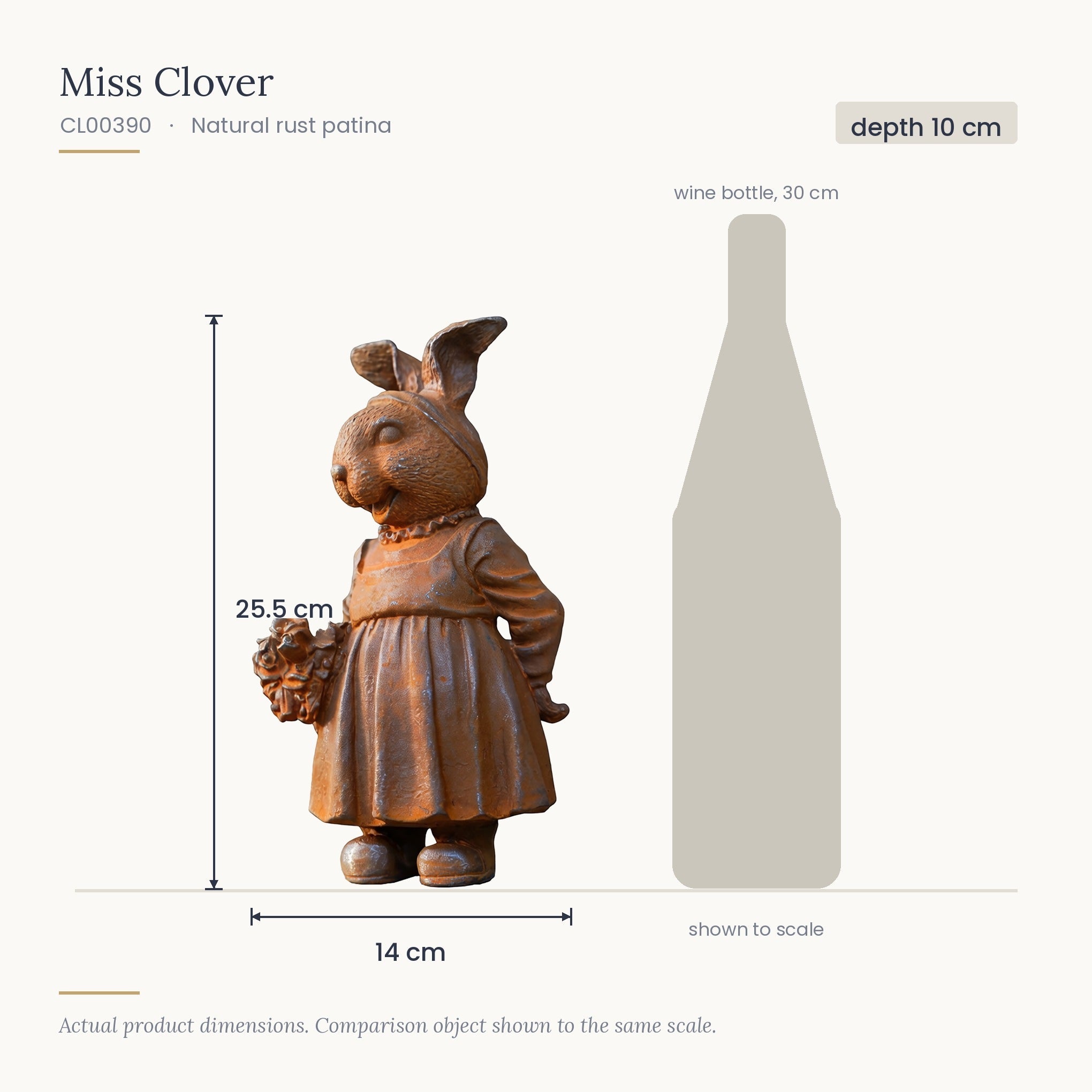 Size diagram for Miss Clover, 14 x 10 x 25.5 cm, shown to scale beside a 30 cm wine bottle