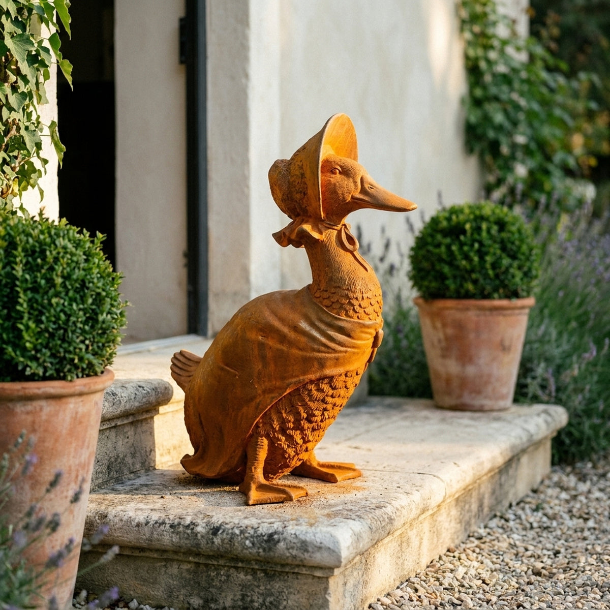 Madame Goosington duck statue side view showing the bonnet brim and draped shawl